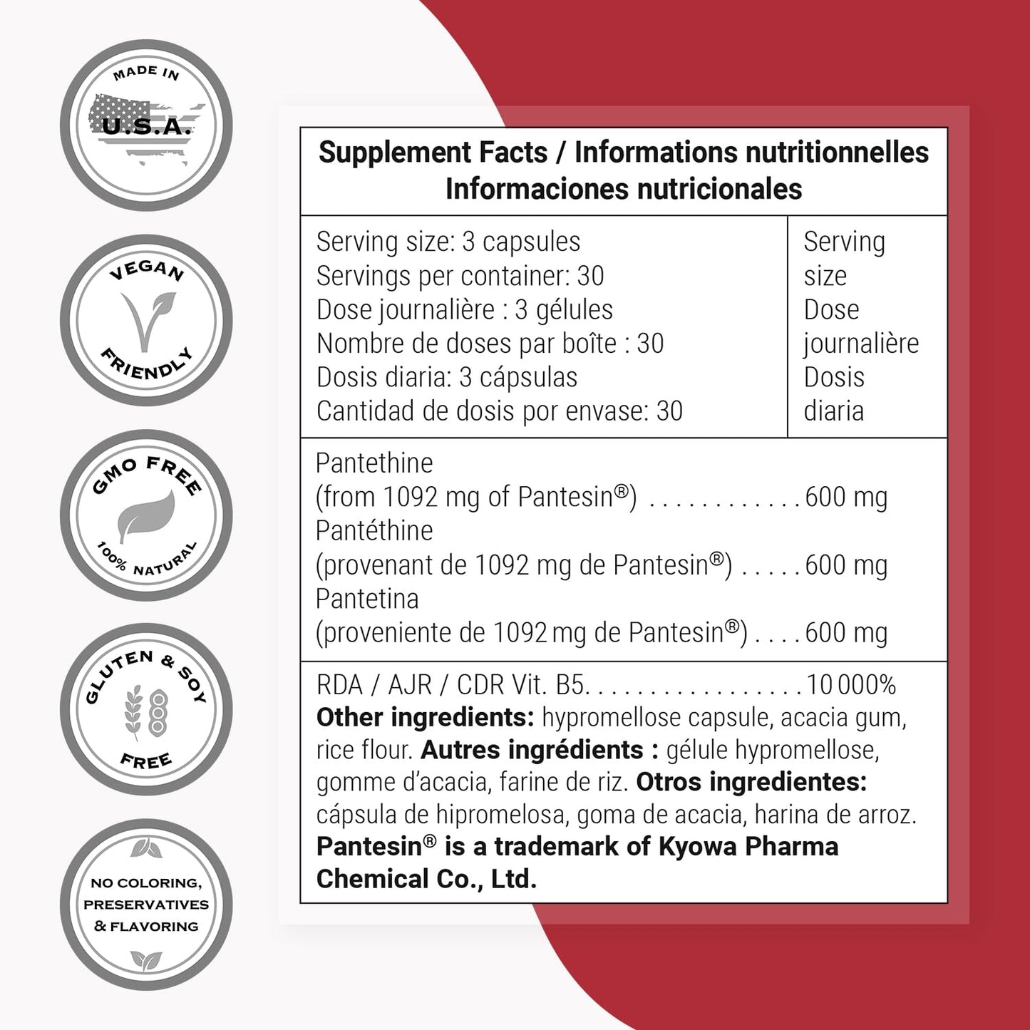 Supersmart Pantesin Pantethine 600 mg per Day (Pantothenic Acid) - Active Vitamin B5 Supplement Capsule, 90 Count