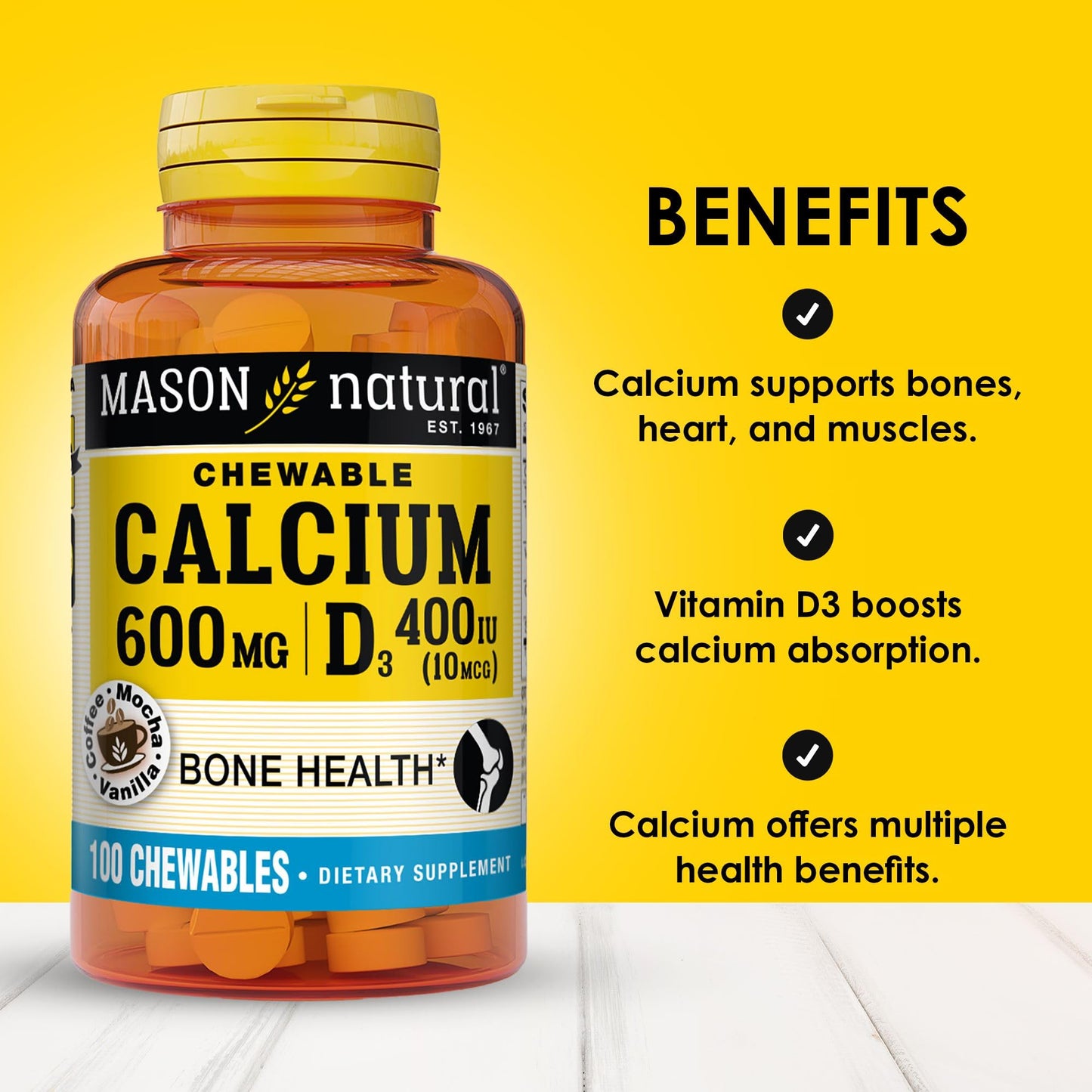 Mason Natural Calcium 600 mg with Vitamin D3 Chewables, 100 Count