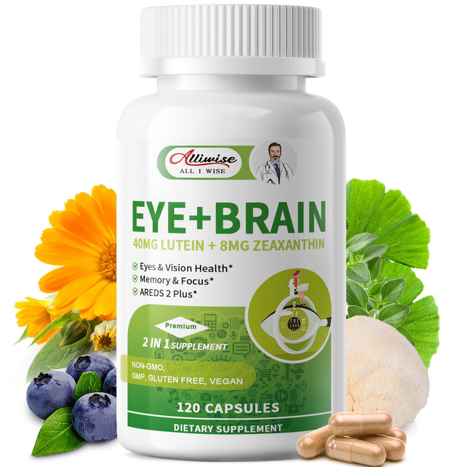 Alliwise Eye + Brain Supplements for Memory and Focus Capsule, 120 Count