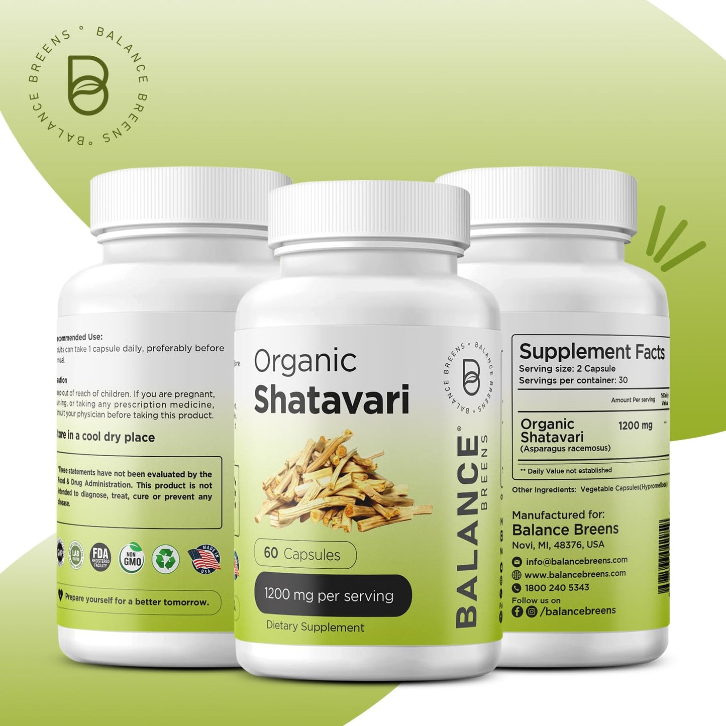 Balancebreens Organic Shatavari 1200mg, 60 Capsules