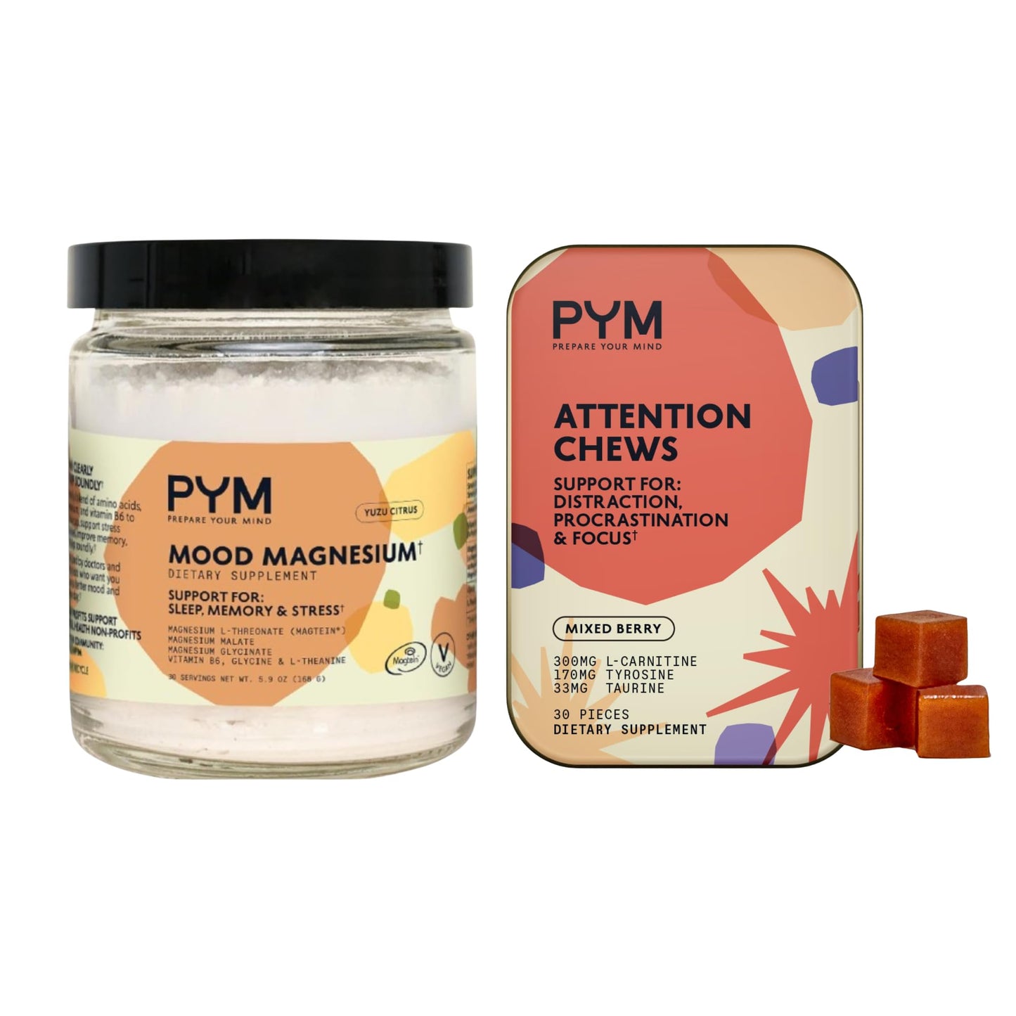 PYM Health Mood & Focus Support Bundle – Magnesium Powder and Attention Chews, Powder and Gummy, 2-Pack