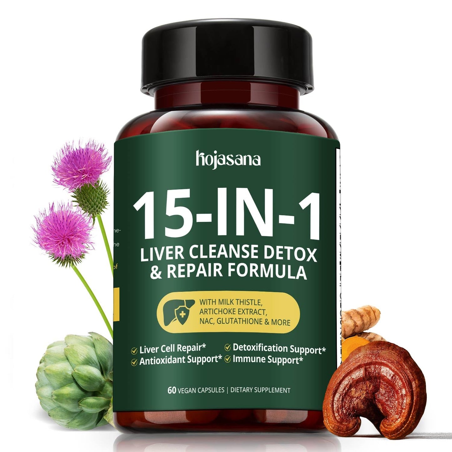 HojaSana Milk Thistle Liver Detox Supplement – Liver Cleanse Detox & Repair with Glutathione, NAC, Turmeric, Artichoke & Reishi Mushroom – Supports Detox, Metabolism & Liver Health Capsules 60 Count