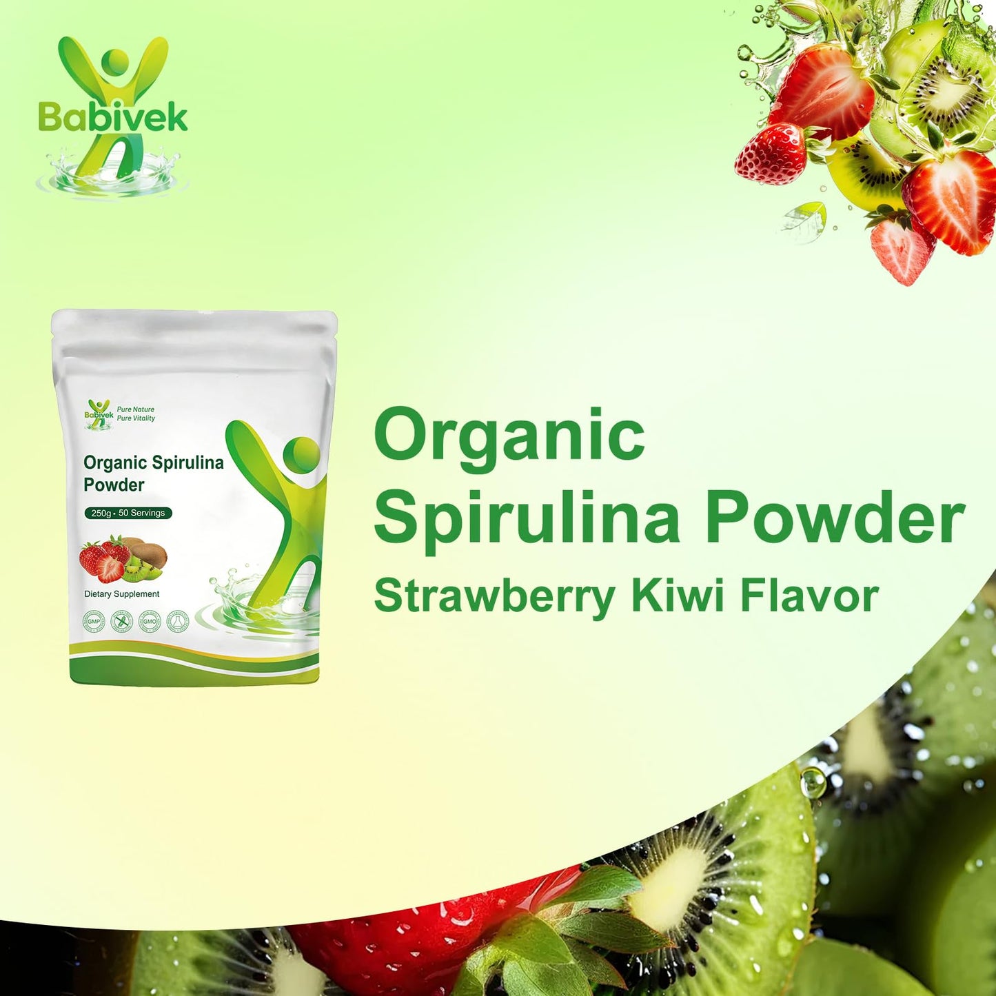 Babivek Spirulina Powder Organic Greens Superfood Vitamins and Minerals, 8.82 Ounce