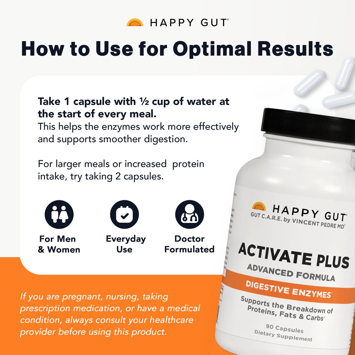 Happy Gut Activate Plus Doctor-Formulated Digestive Enzymes Gut Balance, 90 Capsules