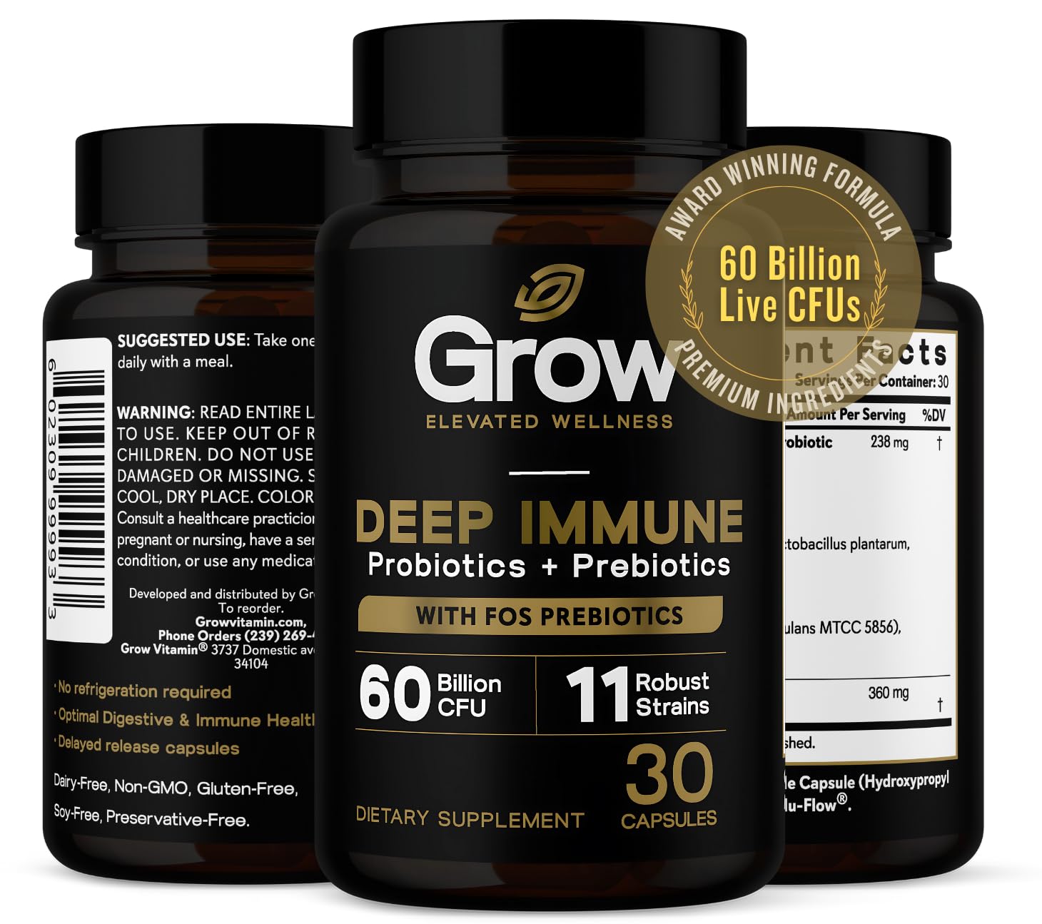 Grow Vitamin Deep Immune Probiotic and Prebiotic Supplement Capsule, 60 Billion CFUs
