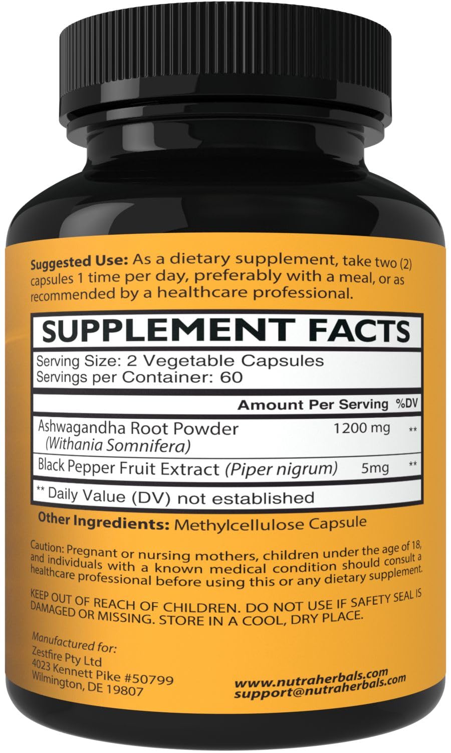 NUTRAHERBALS Organic Ashwagandha Root Powder 1200mg Capsules, 120 Count