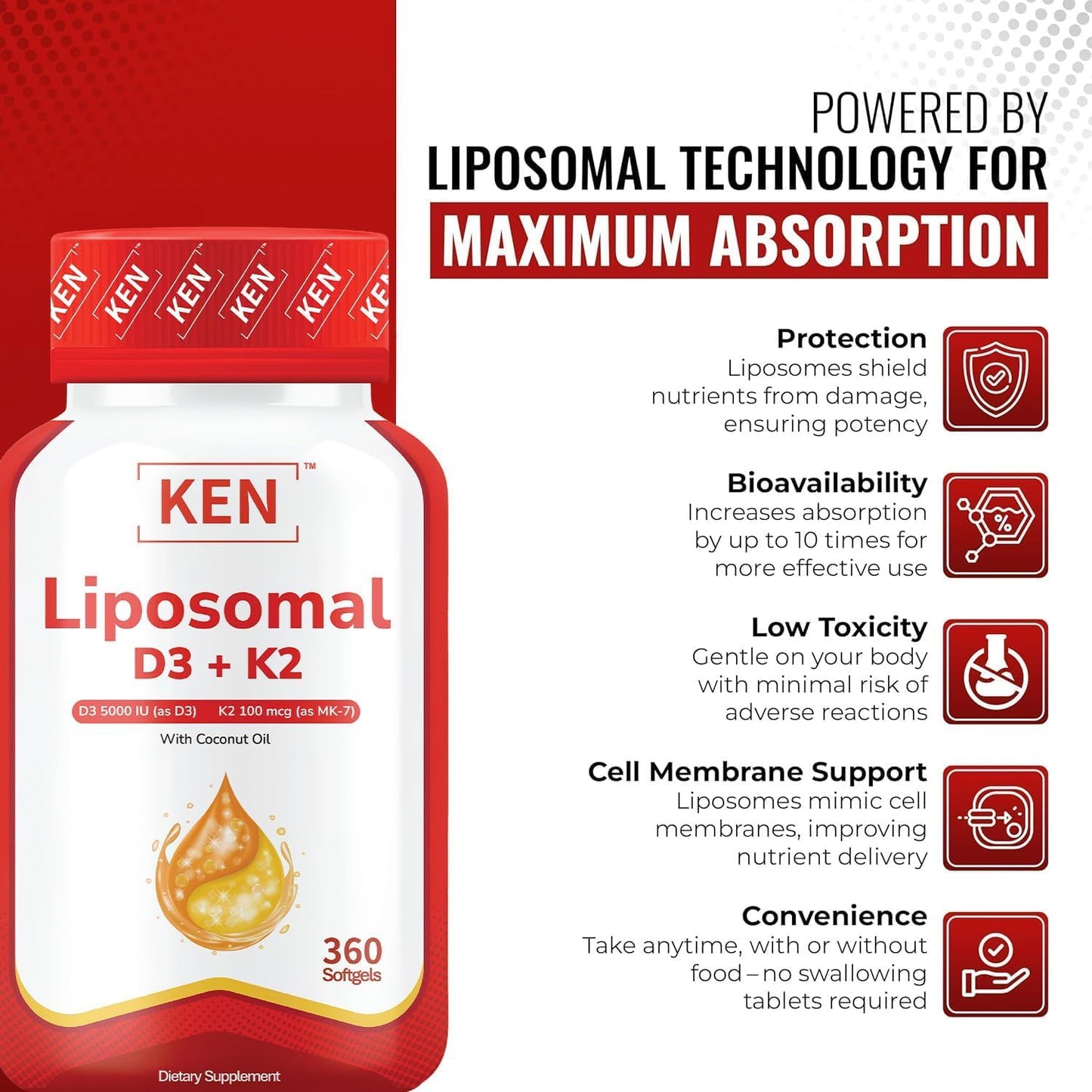 KEN Liposomal Vitamin D3 5000 IU + K2 (MK7) 100 mcg 360 Softgels