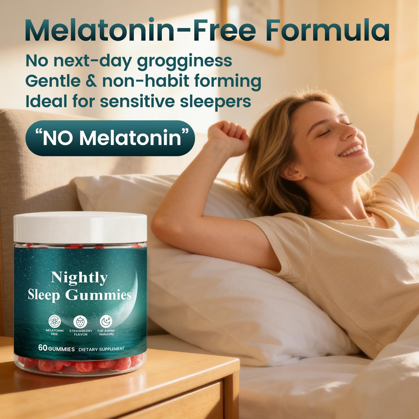 TOGOLIUN Nightly Sleep Gummies for Adults, No Melatonin, with Magnesium, L-Theanine, GABA, and Glycine, Calm Mind & Restful Sleep Support, Strawberry Flavor, 60 Gummies