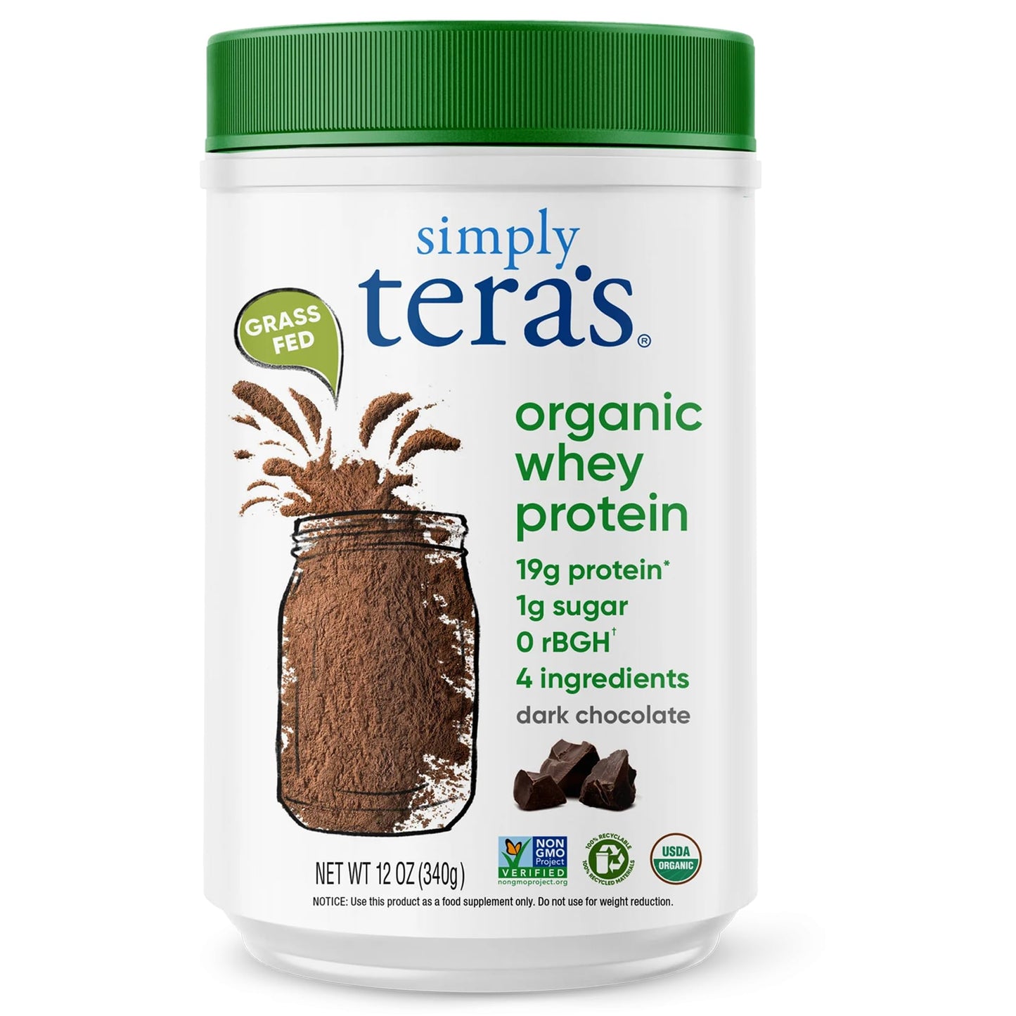 Simply Tera's Organic Whey Protein Powder Dark Chocolate, 12 oz
