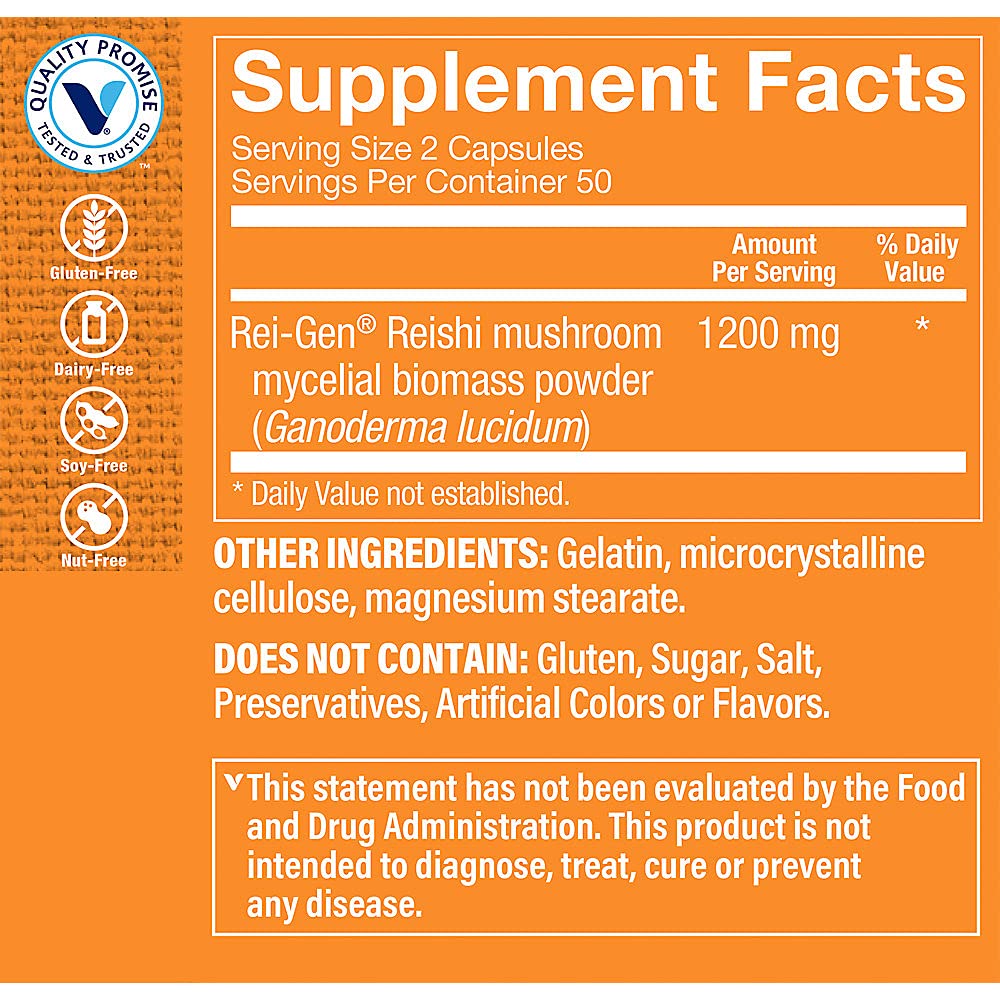 The Vitamin Shoppe Reishi Mushroom 1200mg Capsules, 100 Count