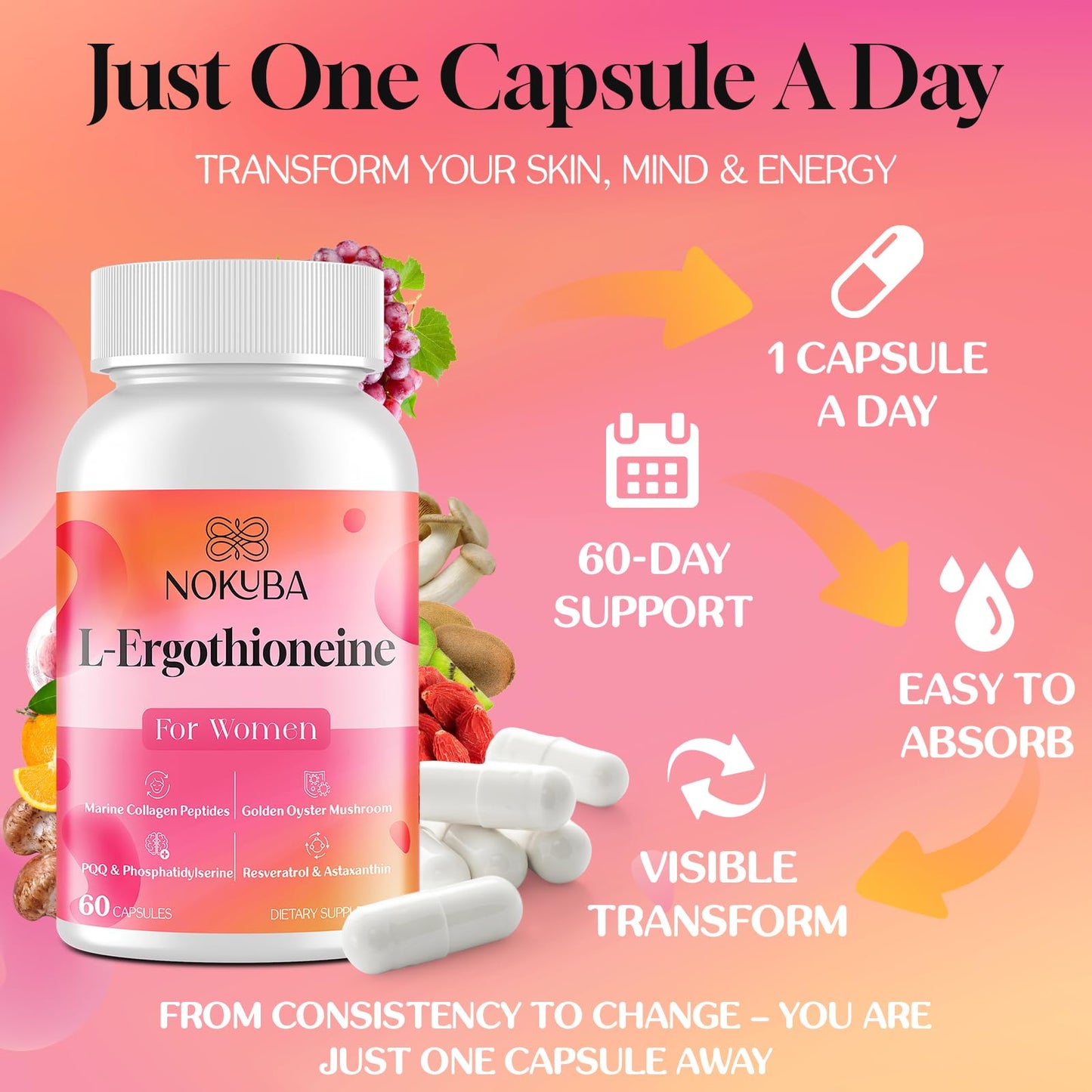 Nokuba L-Ergothioneine with Collagen Peptides, Hyaluronic Acid Capsules 120