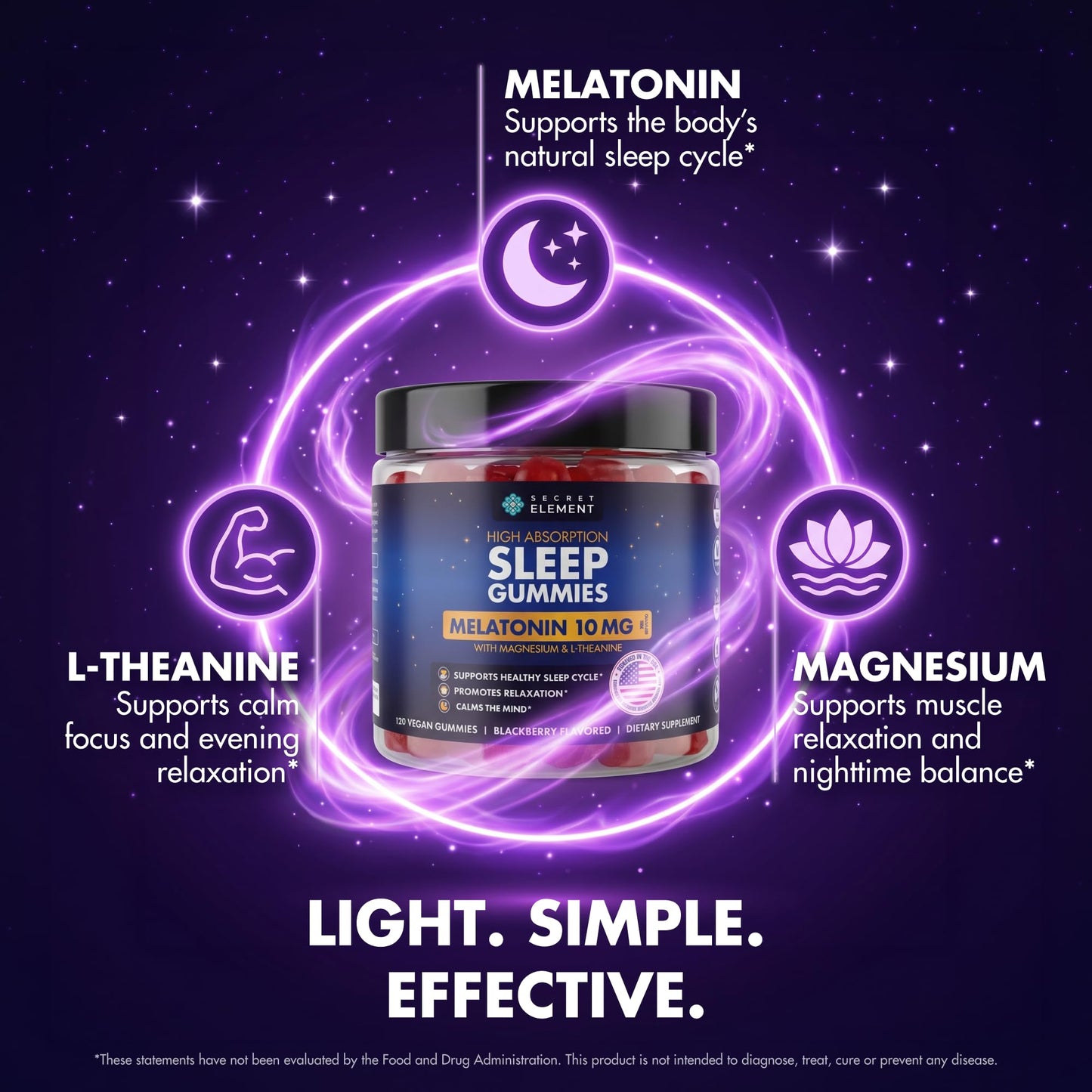 Secret Element Sleep Gummies – Nighttime Relaxation & Sleep Cycle Support with Melatonin 10 mg, Magnesium & L-Theanine – Vegan, Sugar Free, Non-GMO – BlackBerry, 120 Gummies