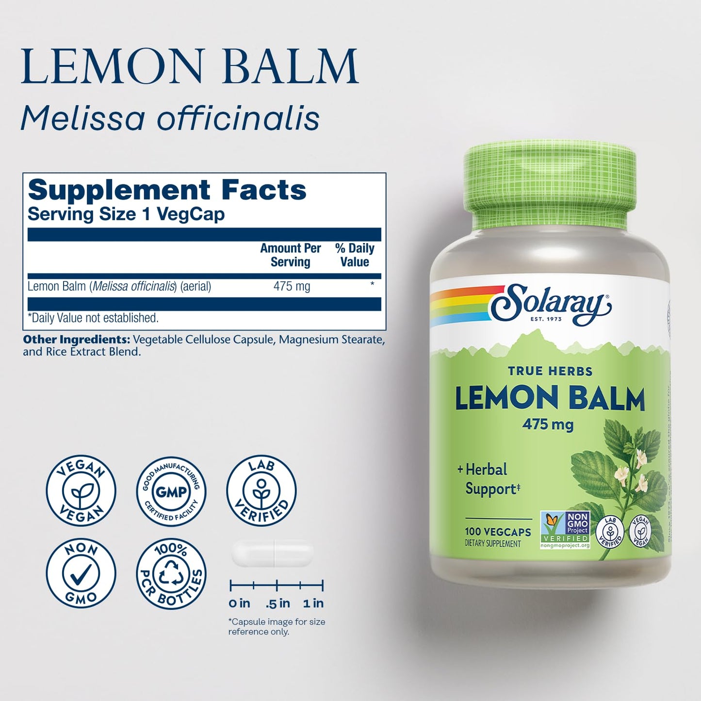 Solaray Lemon Balm 475 mg Capsules, 100 Count