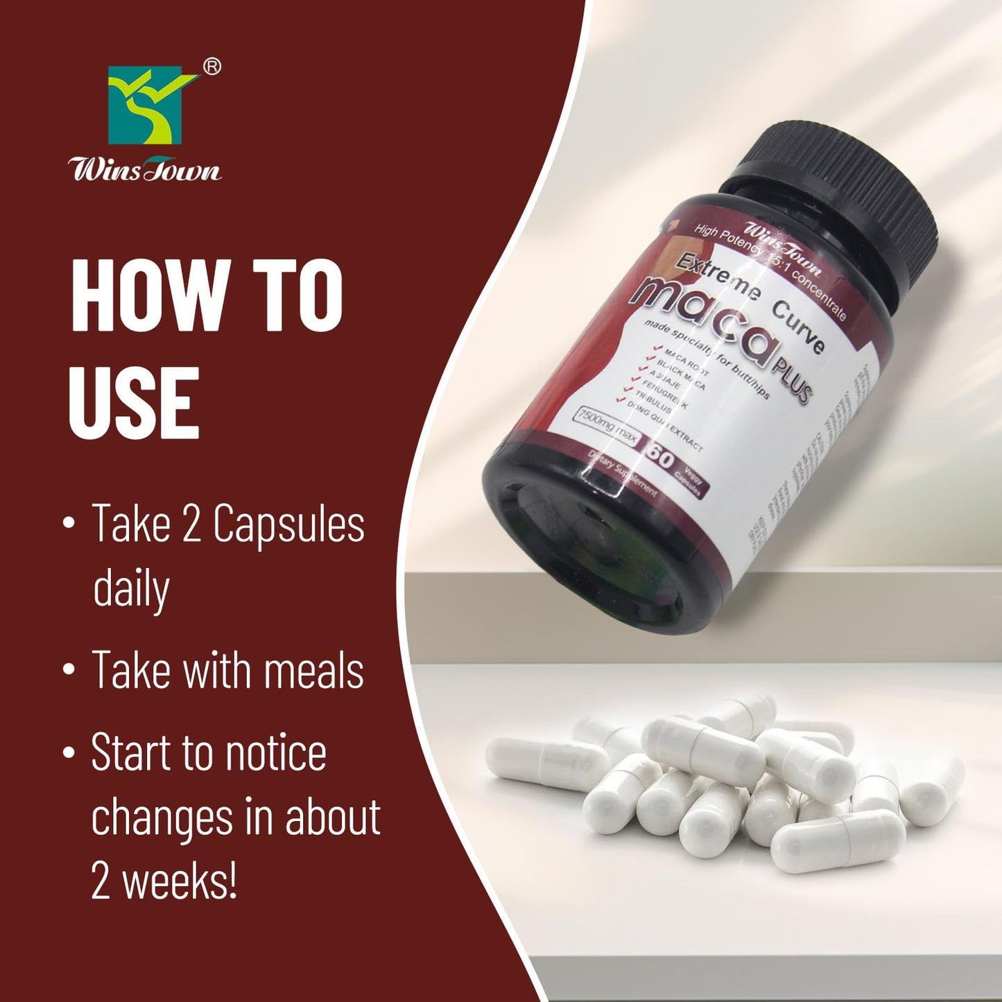 Wins Town Maca Plus Capsules 7500mg Organic Maca Root, Vegan, 60 Count