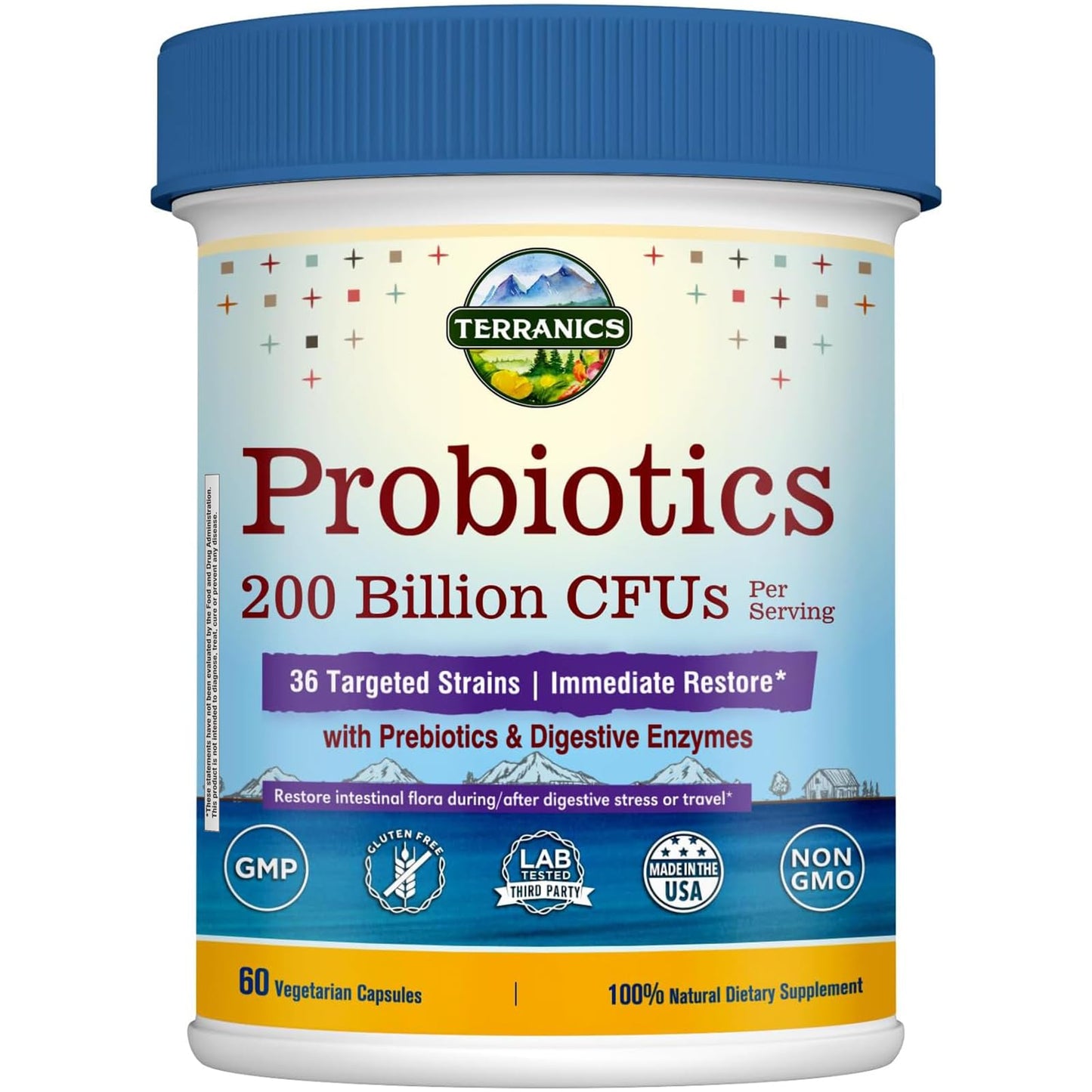 Terranics Daily Probiotics for Men & Women 200 Billion 36 Strains Immediate Restore Probiotics with Prebiotics & Enzymes Delayed Release Shelf Stable Capsule 60