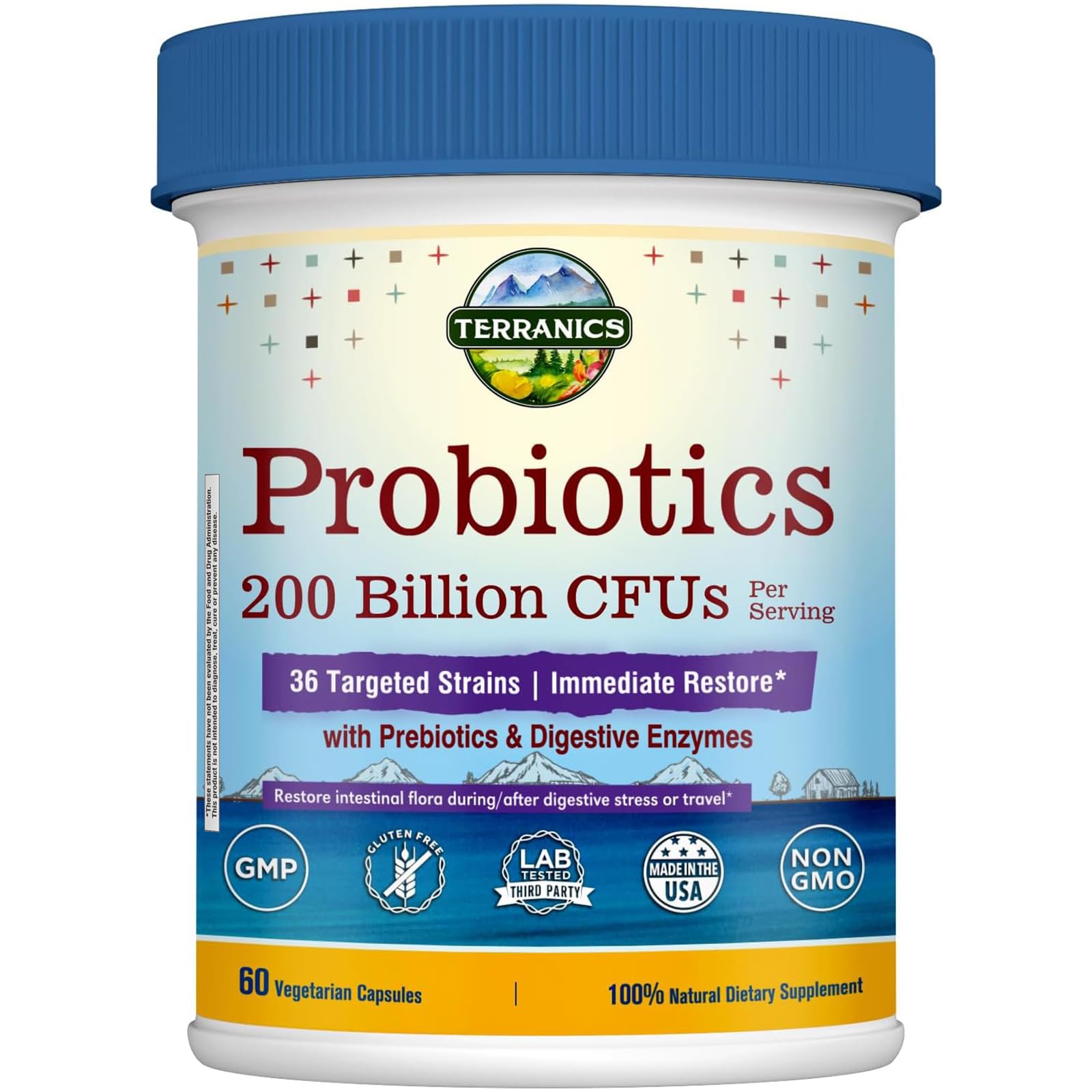 Terranics Daily Probiotics for Men & Women 200 Billion 36 Strains Immediate Restore Probiotics with Prebiotics & Enzymes Delayed Release Shelf Stable Capsule 60
