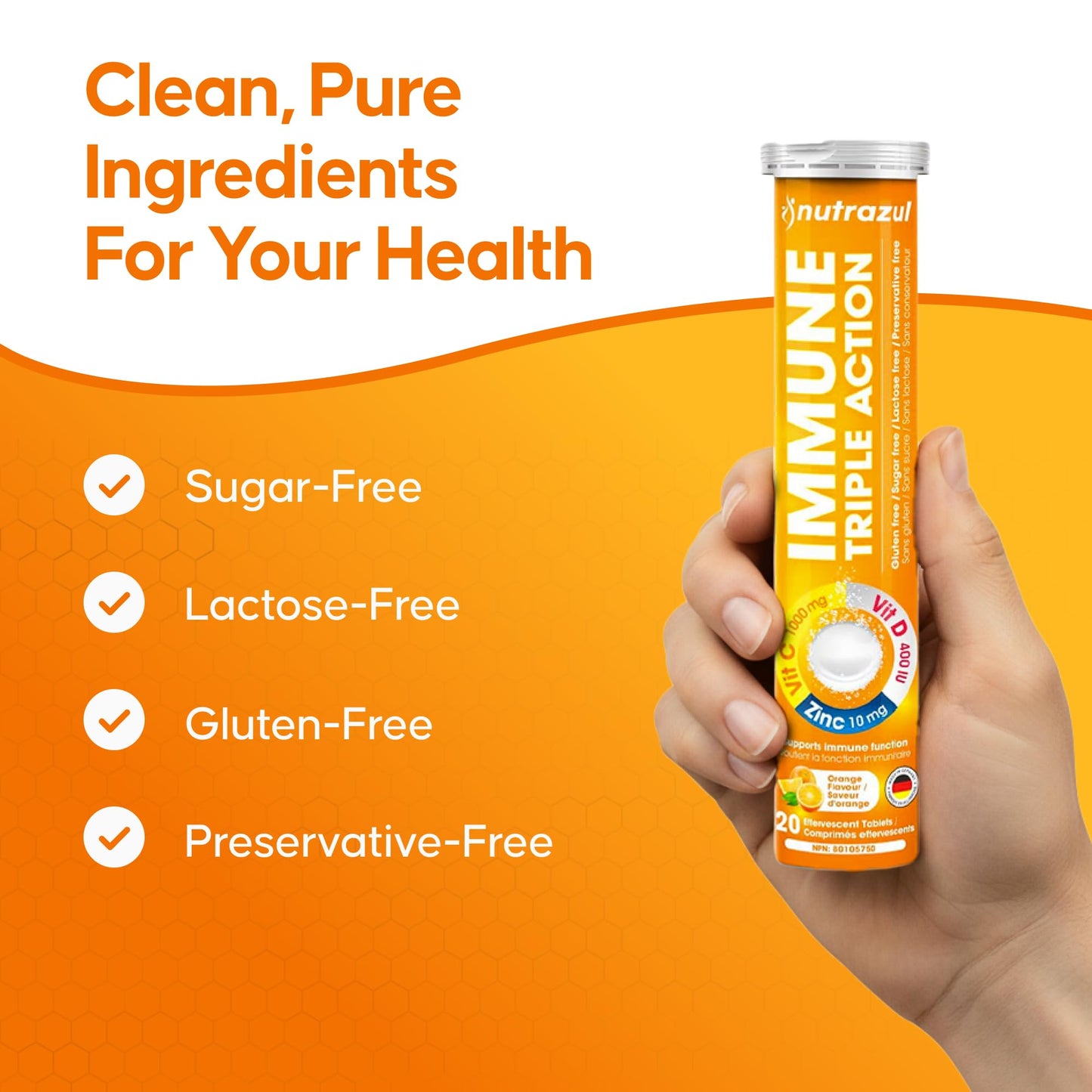 nutrazul Immune Triple Action Effervescent Tablets with Vitamin C 1000mg, Vitamin D, Zinc, Orange Flavor, 60 Tablets