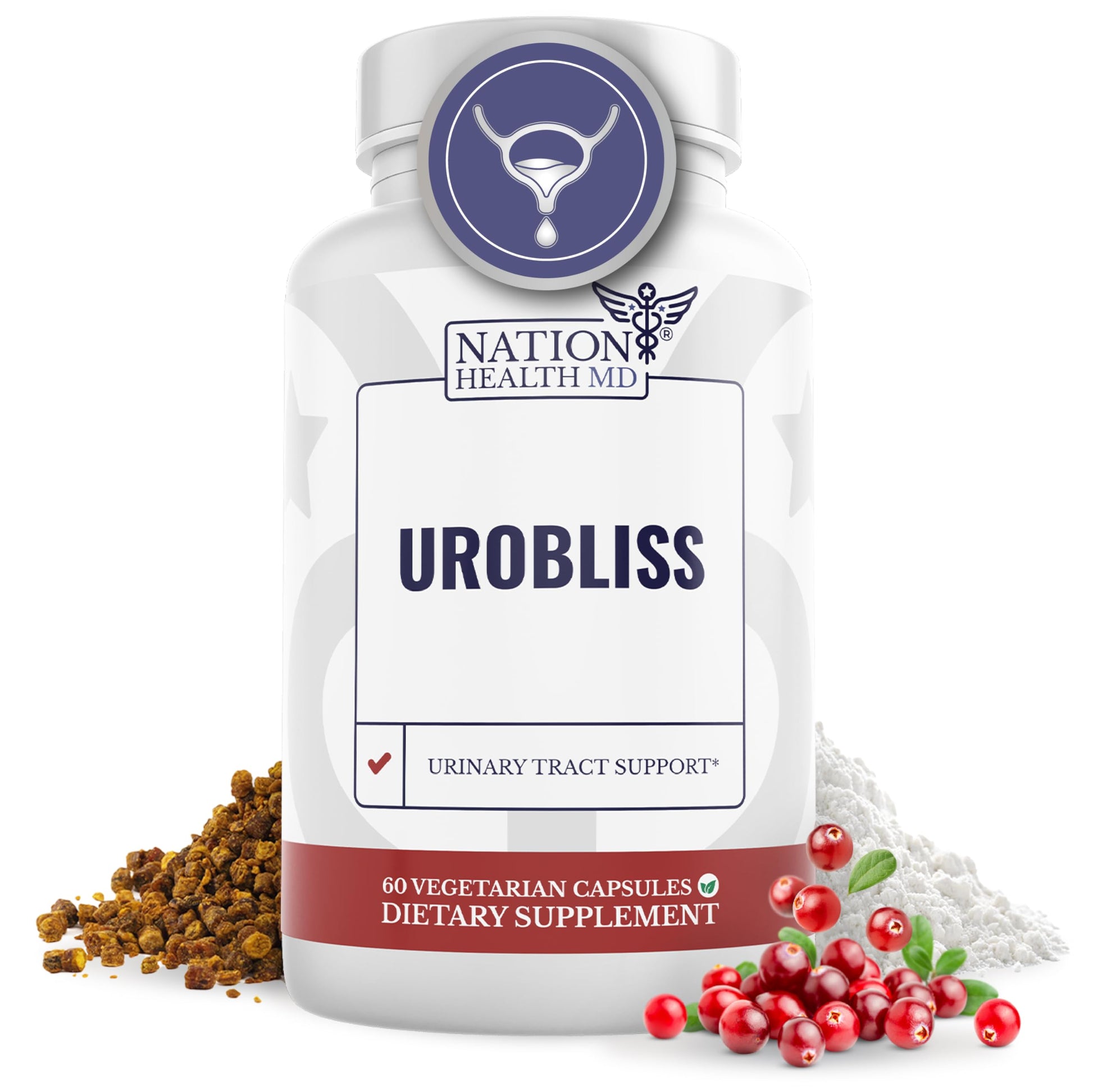 NATION HEALTH MD UroBliss UTI Supplements - D Mannose with Cranberry Extract, Propolis & Vitamin D3 - UTI Relief, Bladder Support & Urinary Tract Health for Women, 60 Capsules