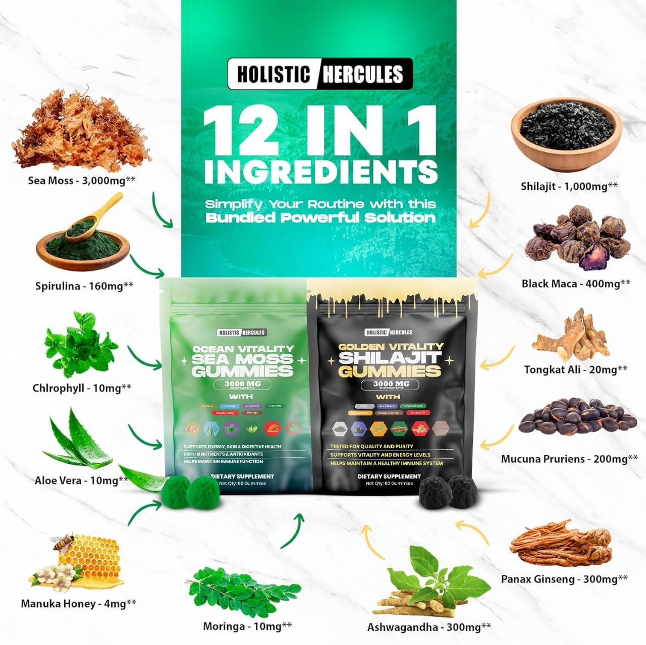 Holistic Hercules Sea Moss & Pure Himalayan Shilajit Gummies Gold, 120 Count