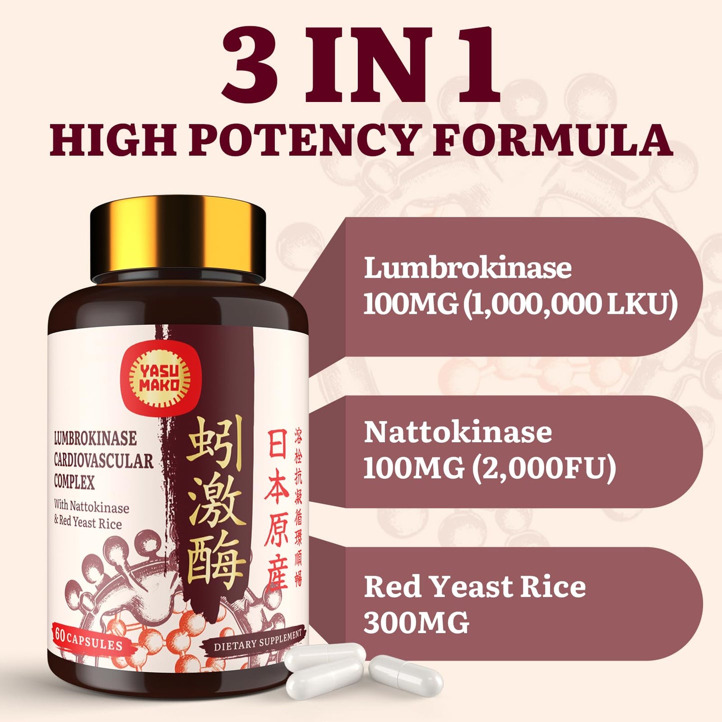 Yasumako Lumbrokinase 100mg (Max Activity 1,000,000 LKU) Capsule, 60 Count