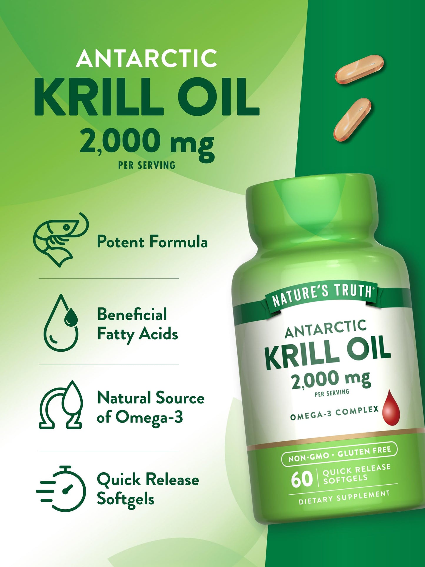 Nature's Truth Antarctic Krill Oil 2000mg Softgel, 60 Count