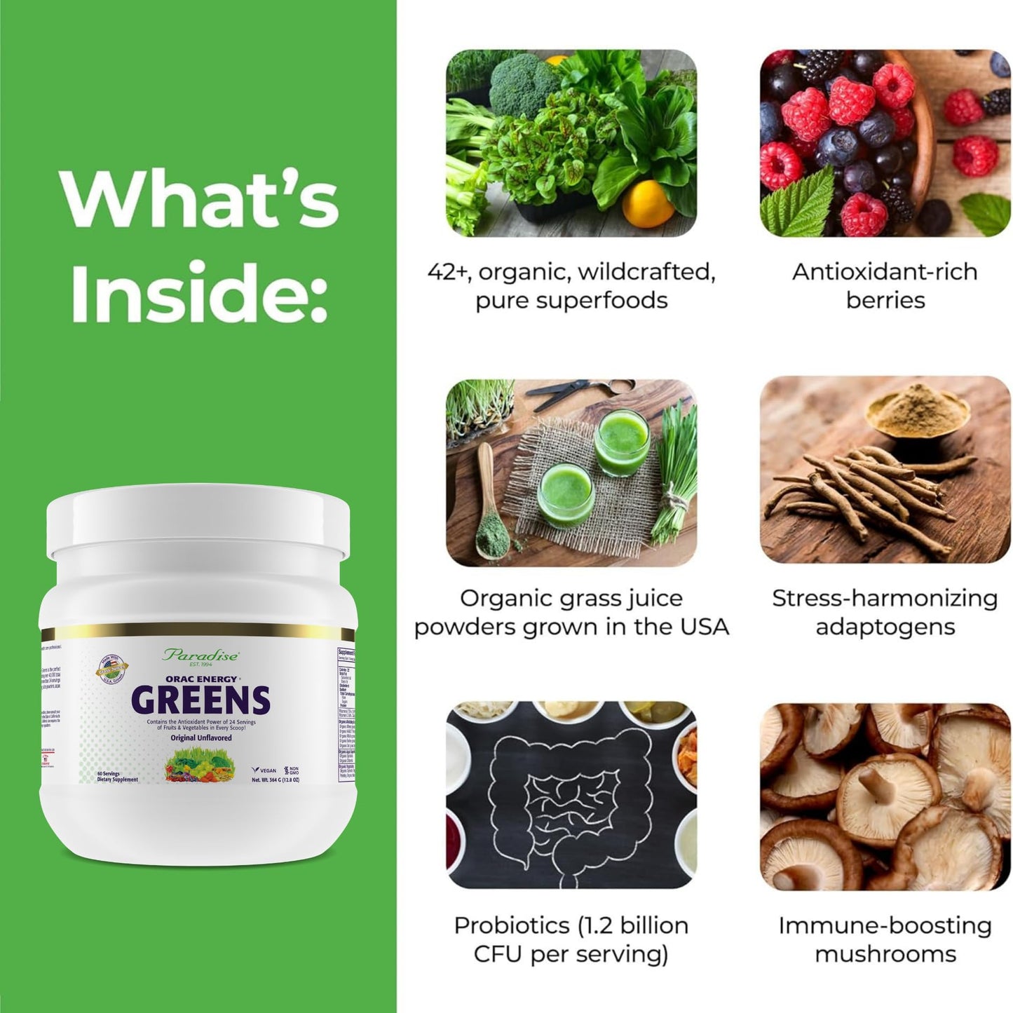 Paradise Herbs ORAC Energy Greens Powder Extract, Super Antioxidants, Probiotics for Gut Health & Digestion, Vitamin C for Immunity, with Spirulina & Chlorella, Non-GMO, Gluten Free, Powder, 60 Servings