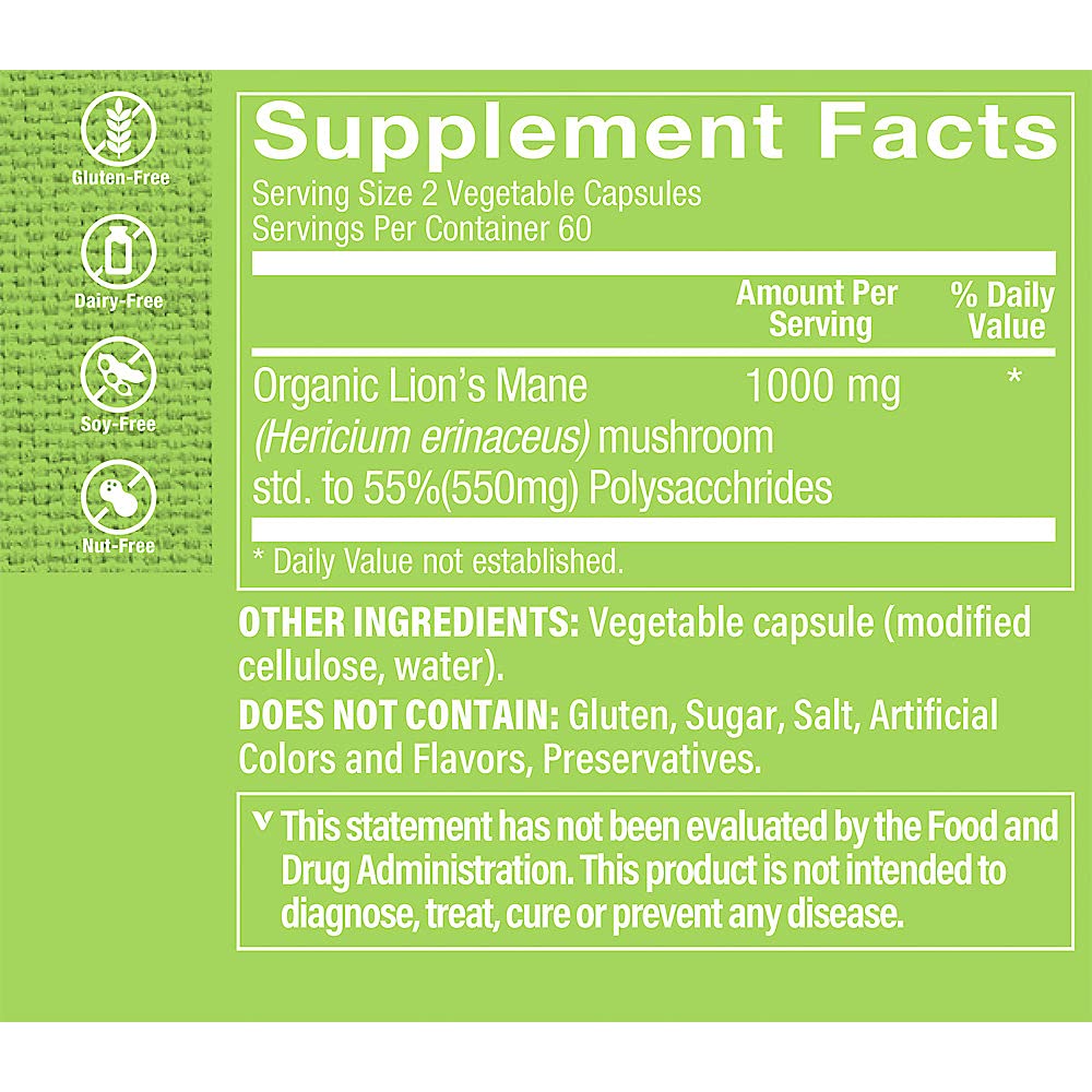 The Vitamin Shoppe Lion's Mane Nootropic Mushroom Formula Vegetarian Capsules 1 Count