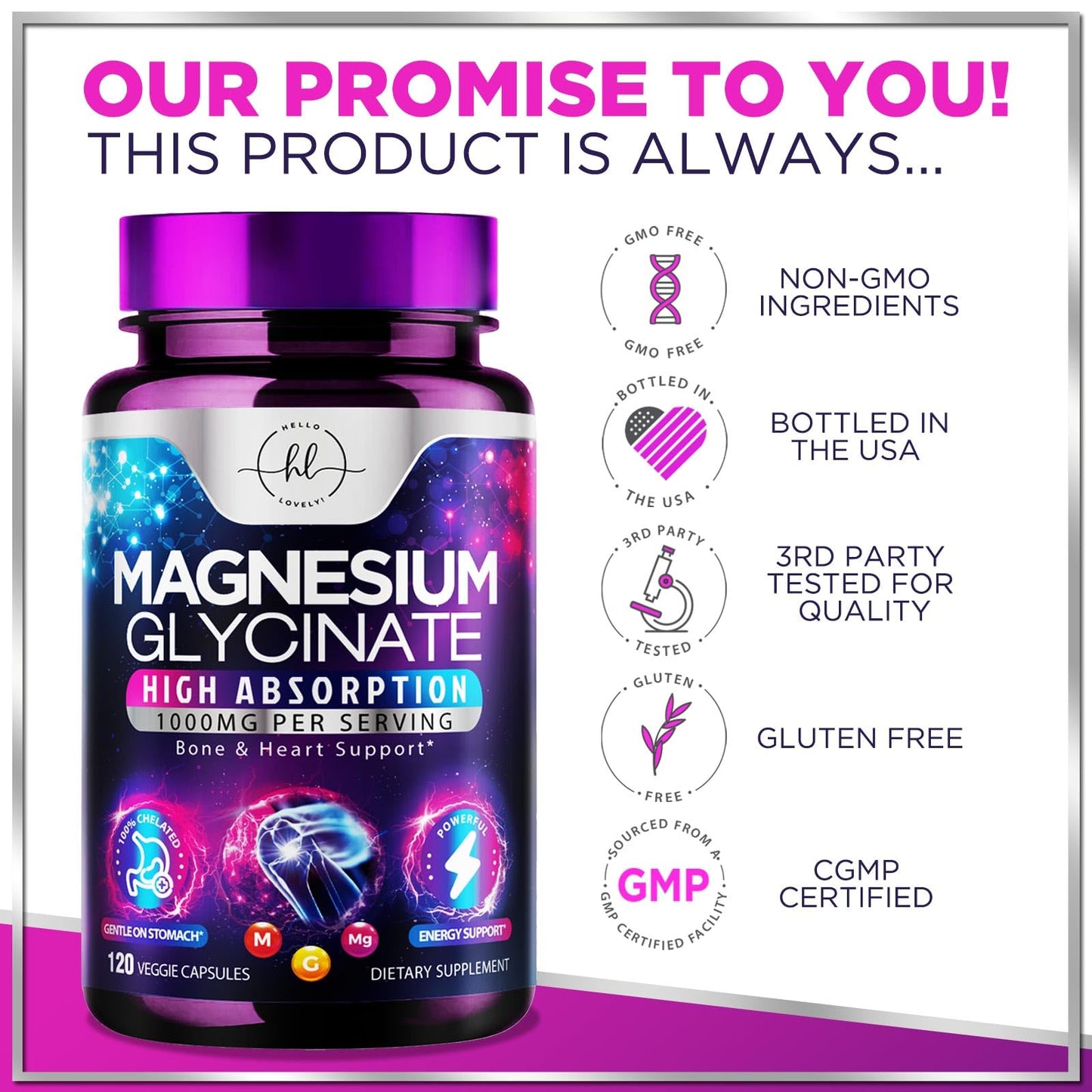 Hello Lovely! Magnesium Glycinate Supplement Capsules 120
