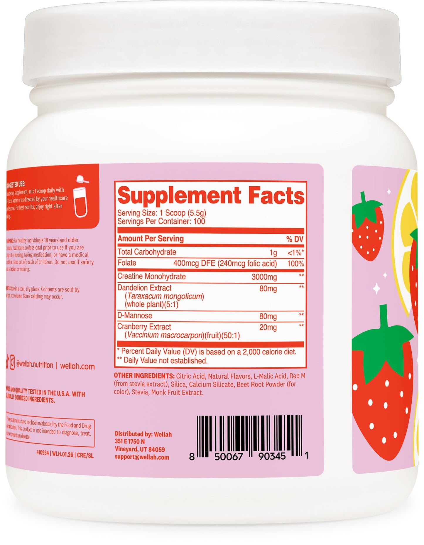 Wellah Creatine for Women (Strawberry Lemonade) Powder, 100 Servings