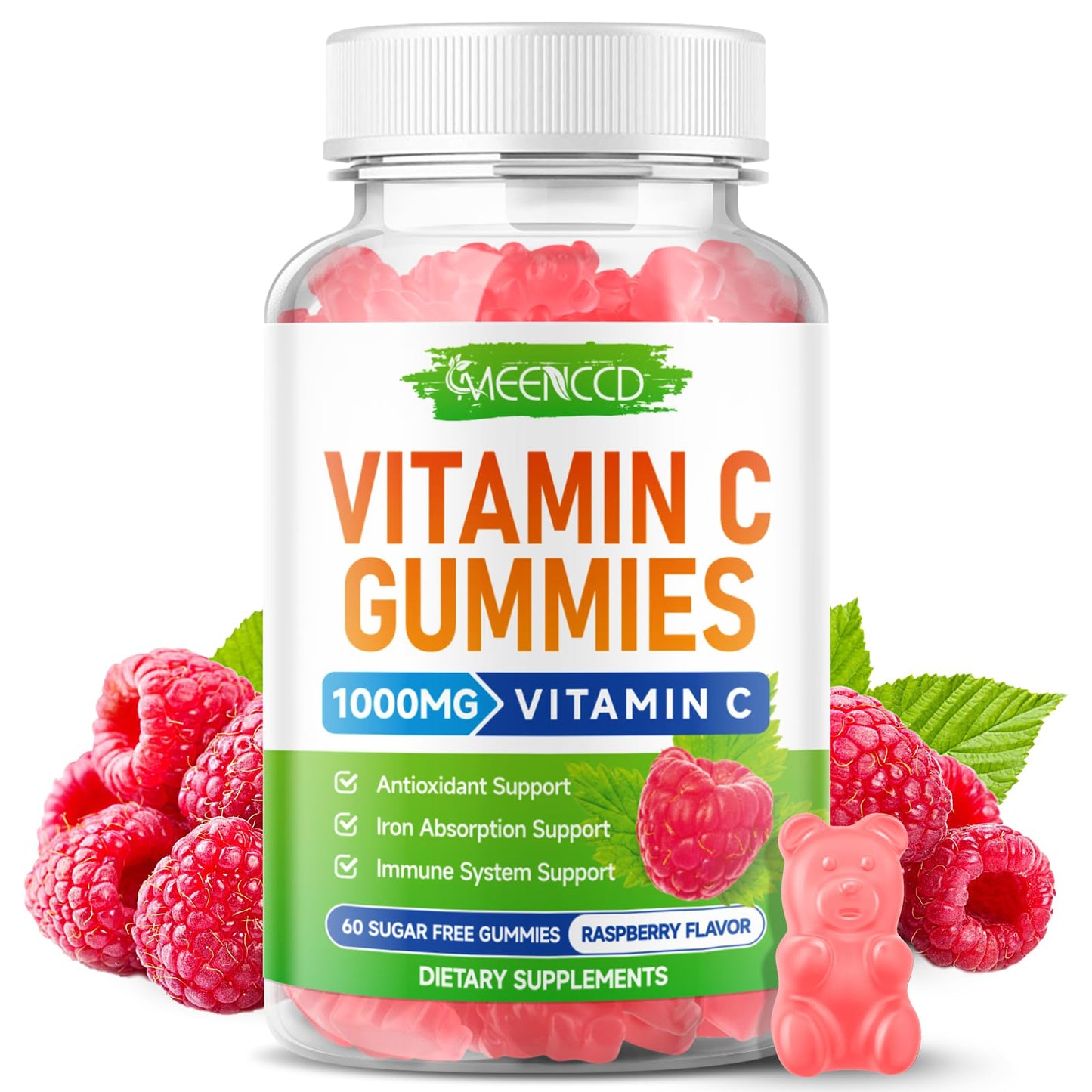 MEENCCD Organic Vitamin C Gummies with Zinc for Adults, Vegan, Non-GMO, Sugar-Free Raspberry Flavor, 60 Count