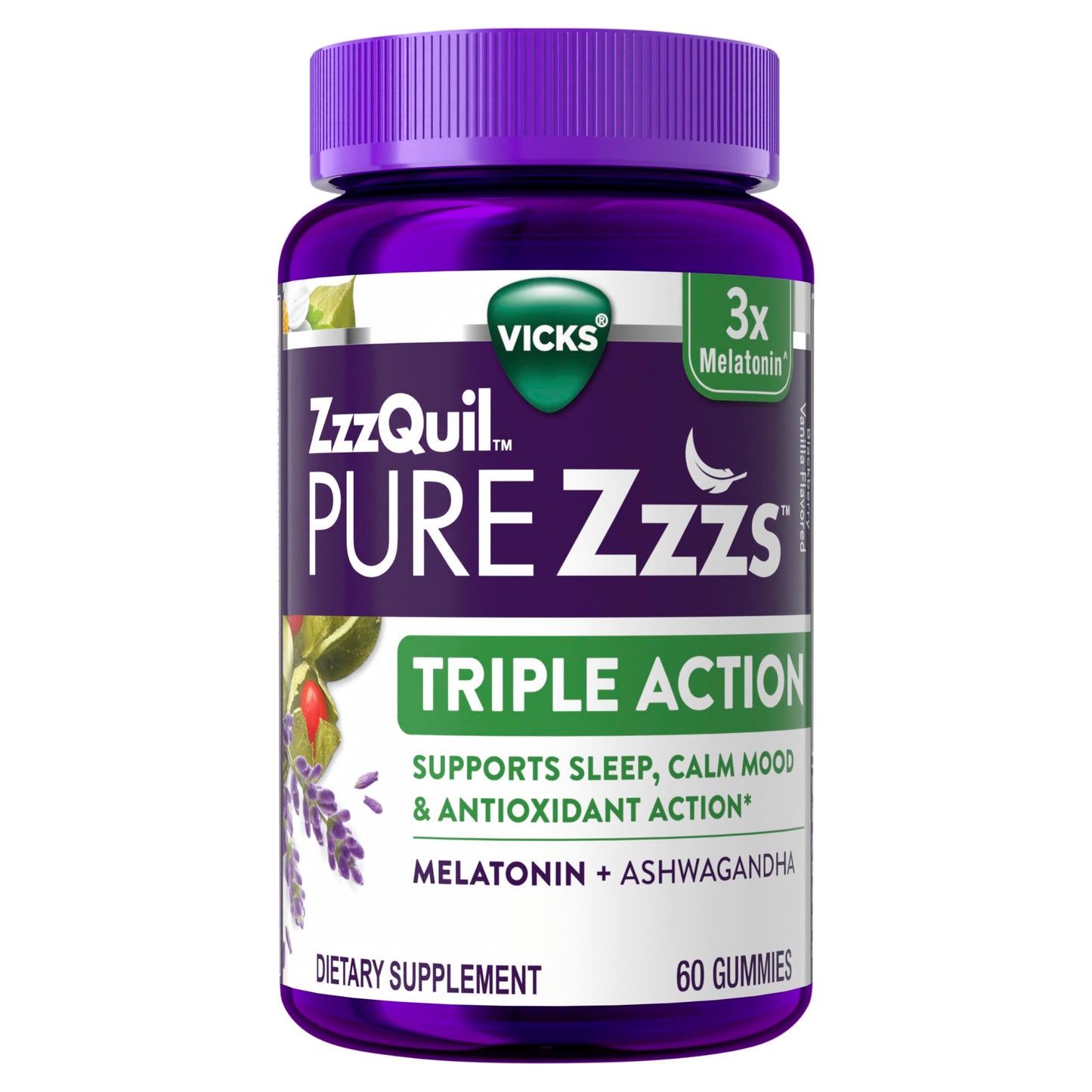 ZzzQuil PURE Zzzs Triple Action Melatonin Gummies 6mg with Ashwagandha, 90 Gummies