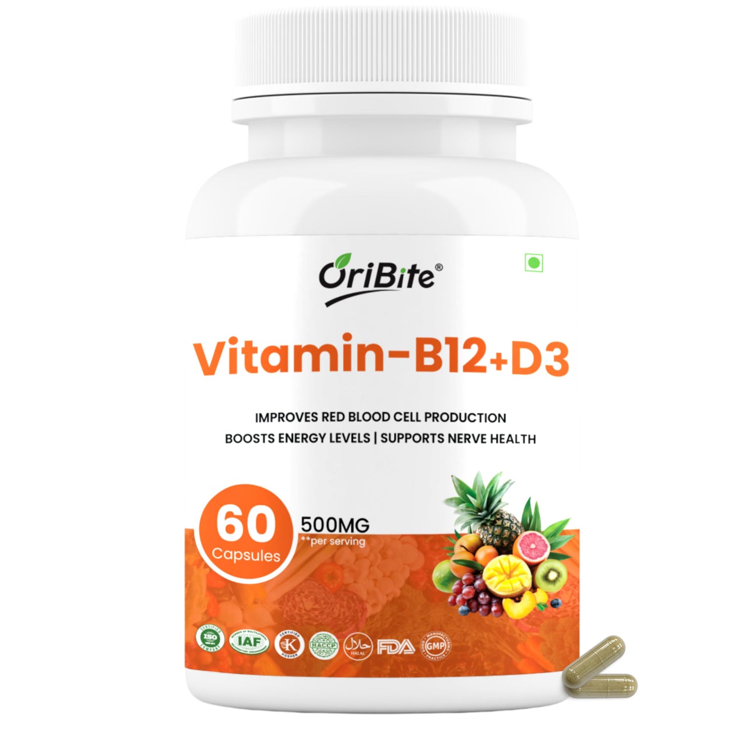 ORIBITE Vitamin B12 + D3 Supplement Capsule, 60 Count