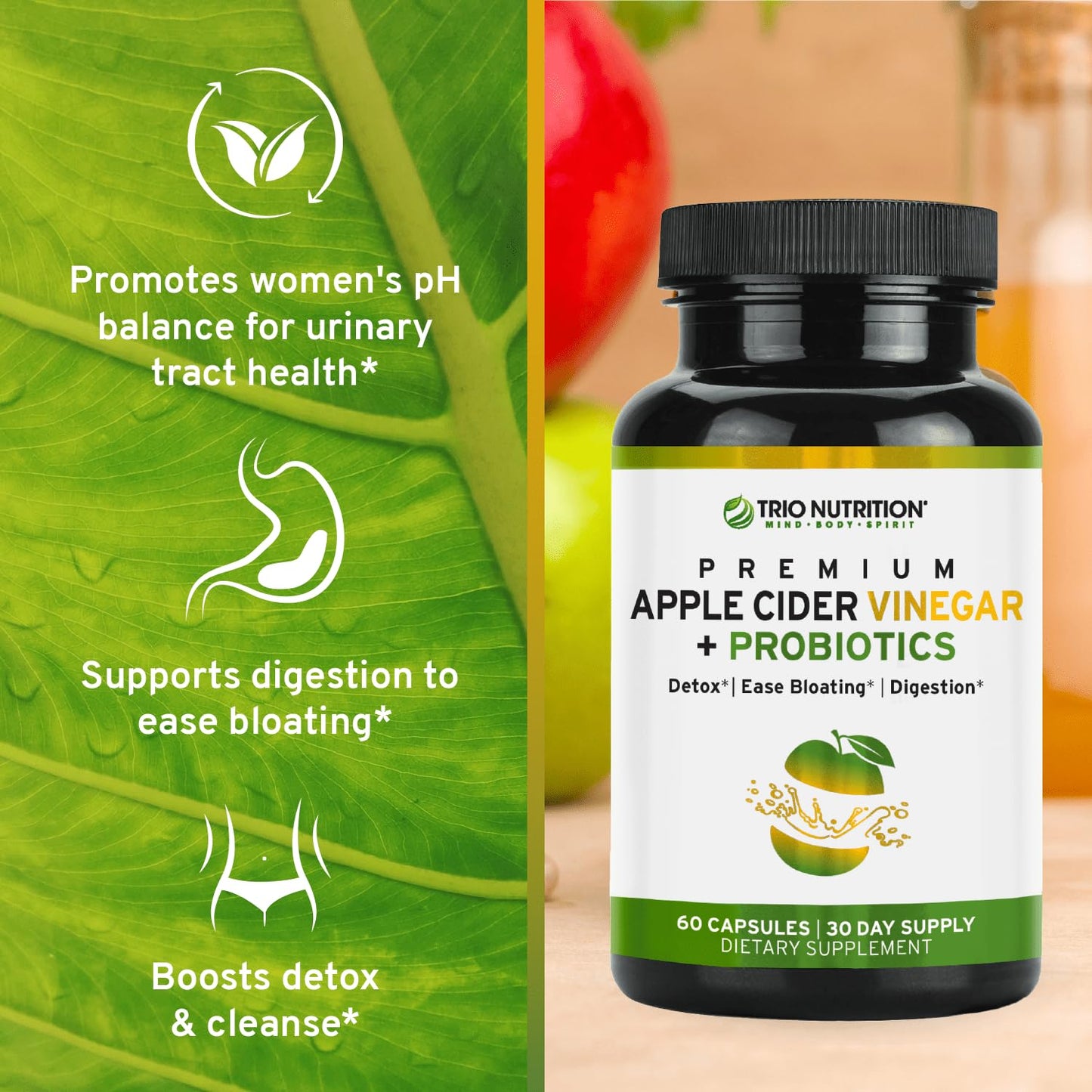 TRIO NUTRITION Apple Cider Vinegar Capsules with Multi-Strain Probiotics, 60 Count