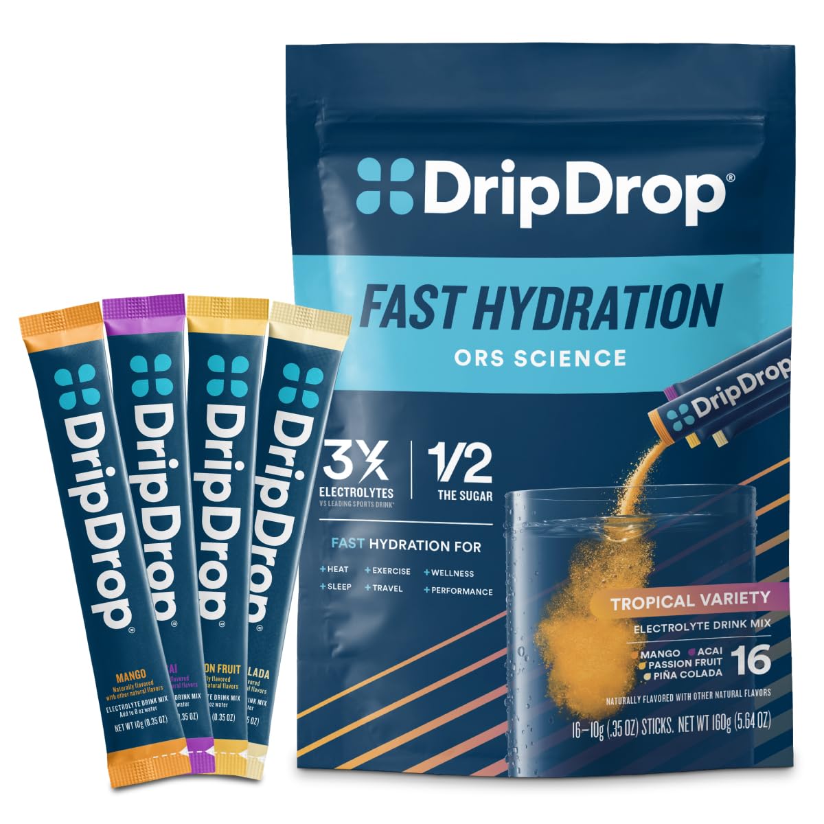 DripDrop Hydration Tropical Variety Pack Powder, 16 Count