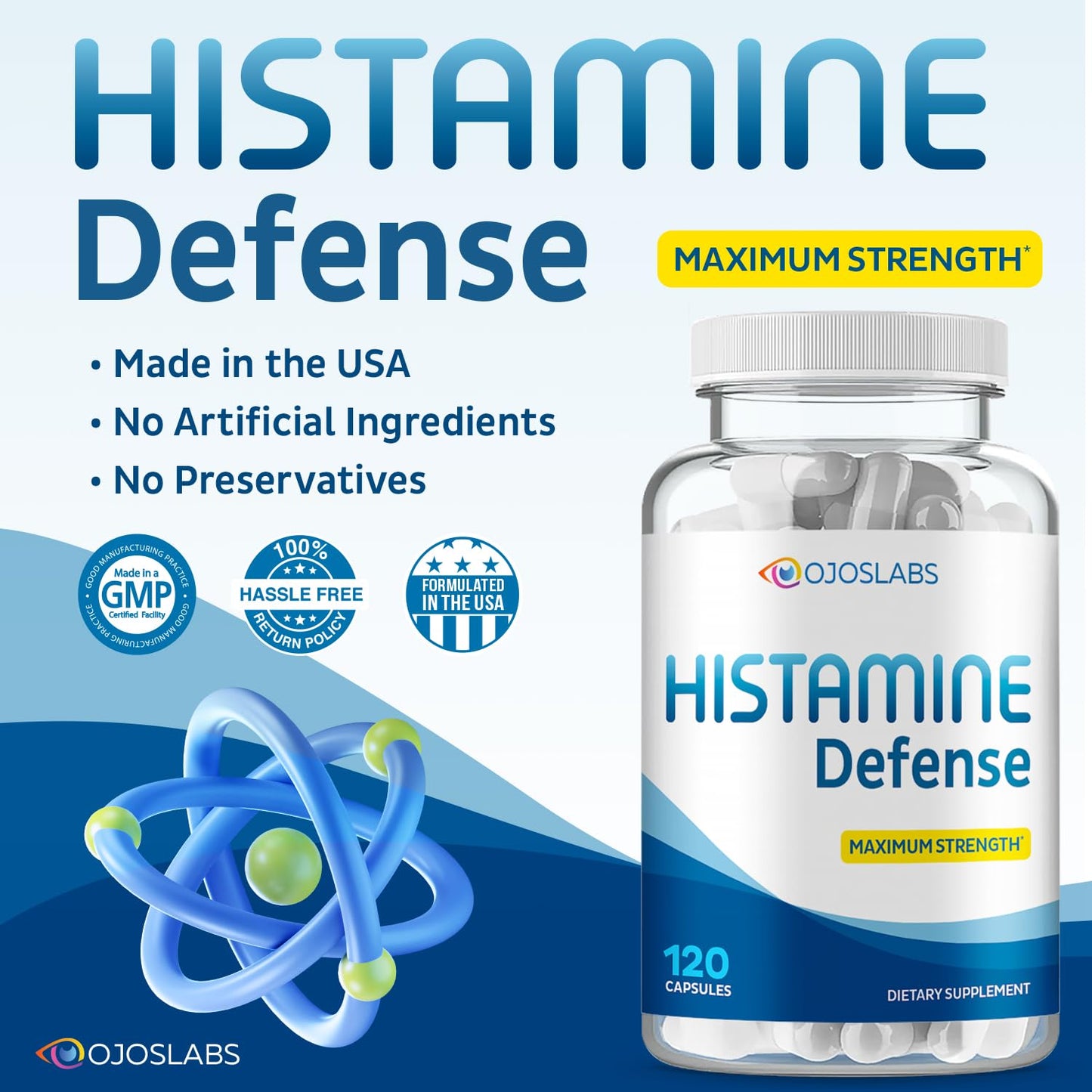 OjosLabs Advanced Histamine Defense - Natural D-Hist Supplement to Block Histamine Intolerance 120 Capsules