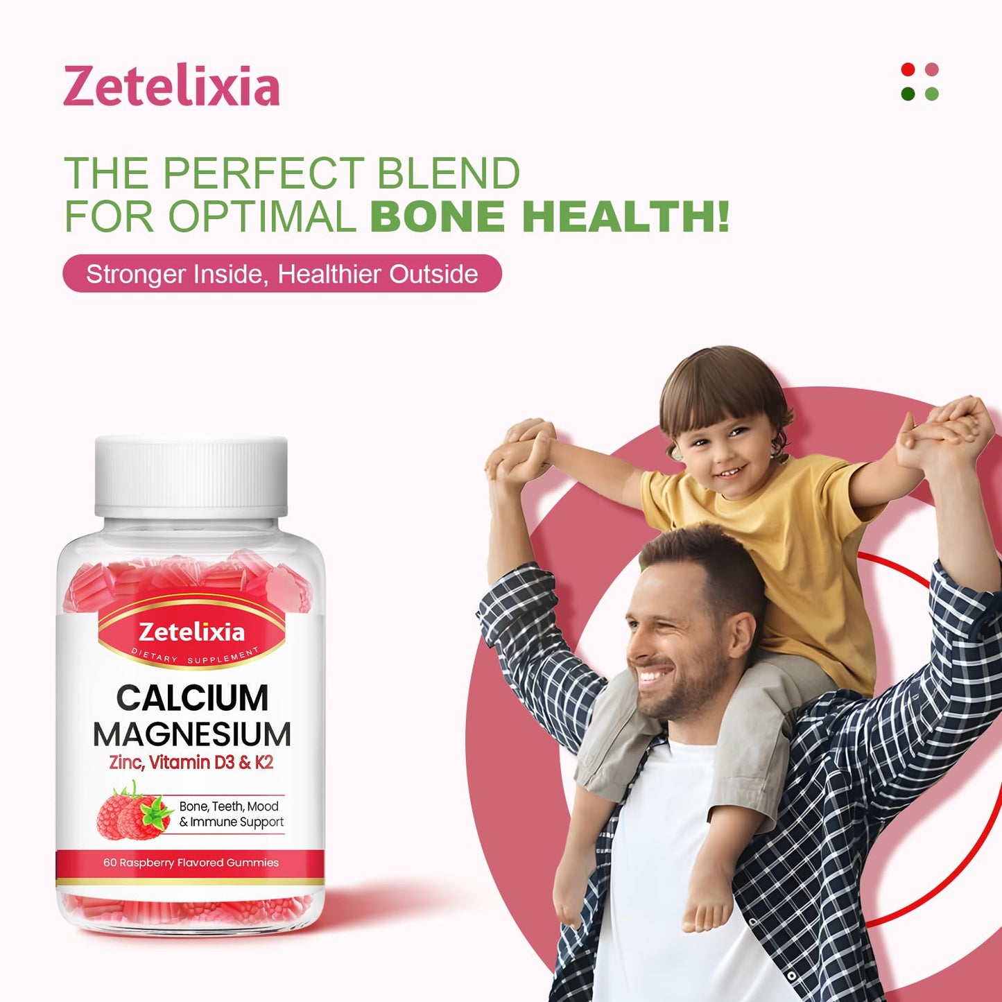 Zetelixia Calcium Magnesium Zinc Gummies with Vitamin D3 & K2, Raspberry Flavor, 60 Count