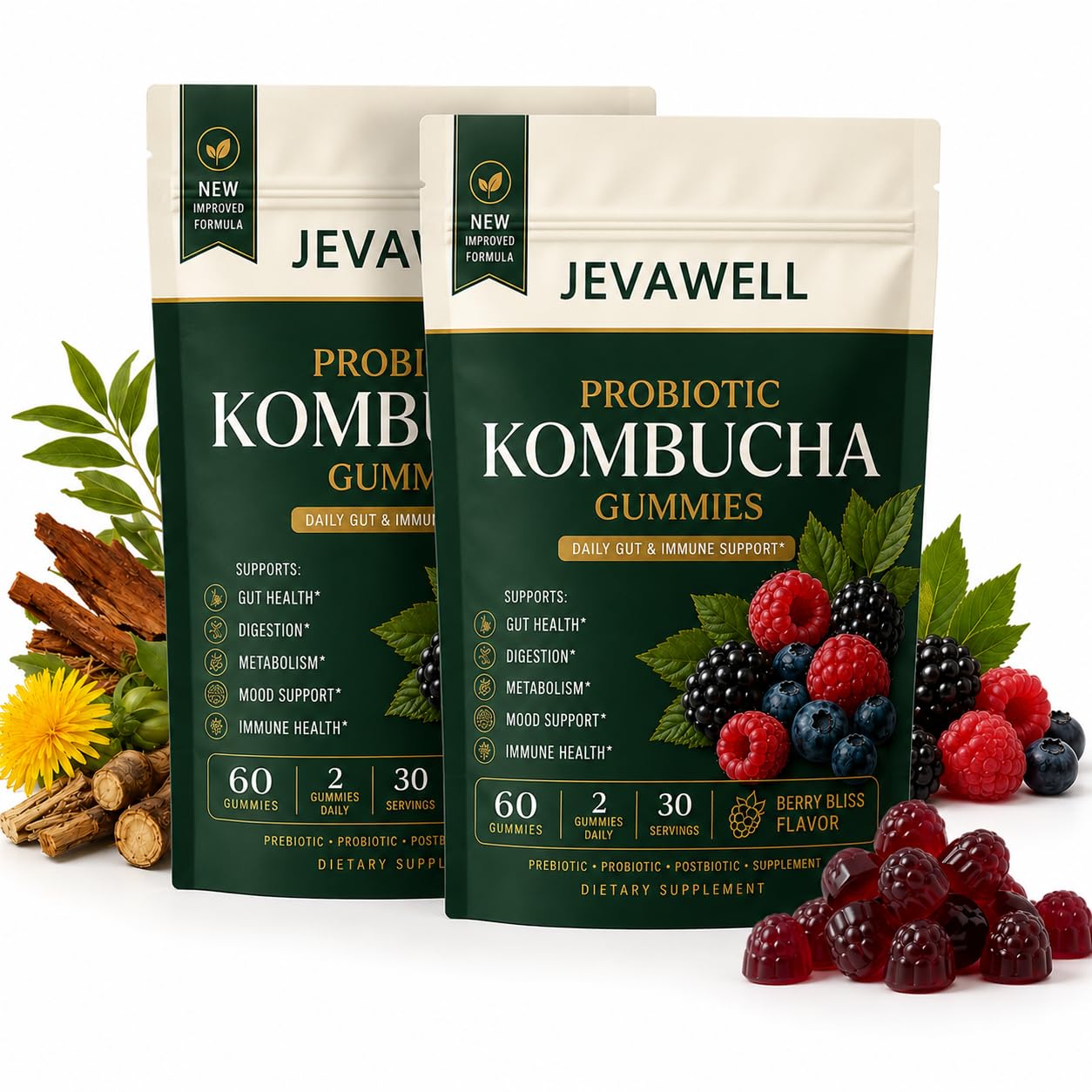jevawell Probiotic Kombucha Gummies Softgels, 60 Count