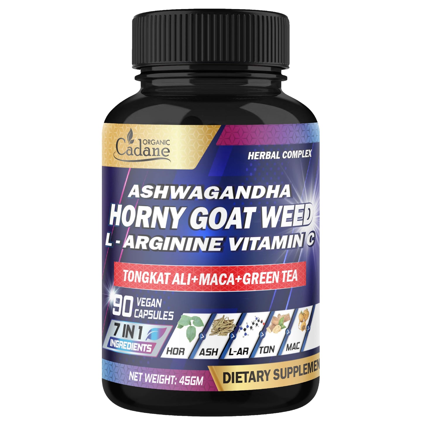 Organic Cadane Horny Goat Weed Supplement - 7in1 Blended with VIT C, Ashwagandha Root, L-Arginine & More, 90 Capsules