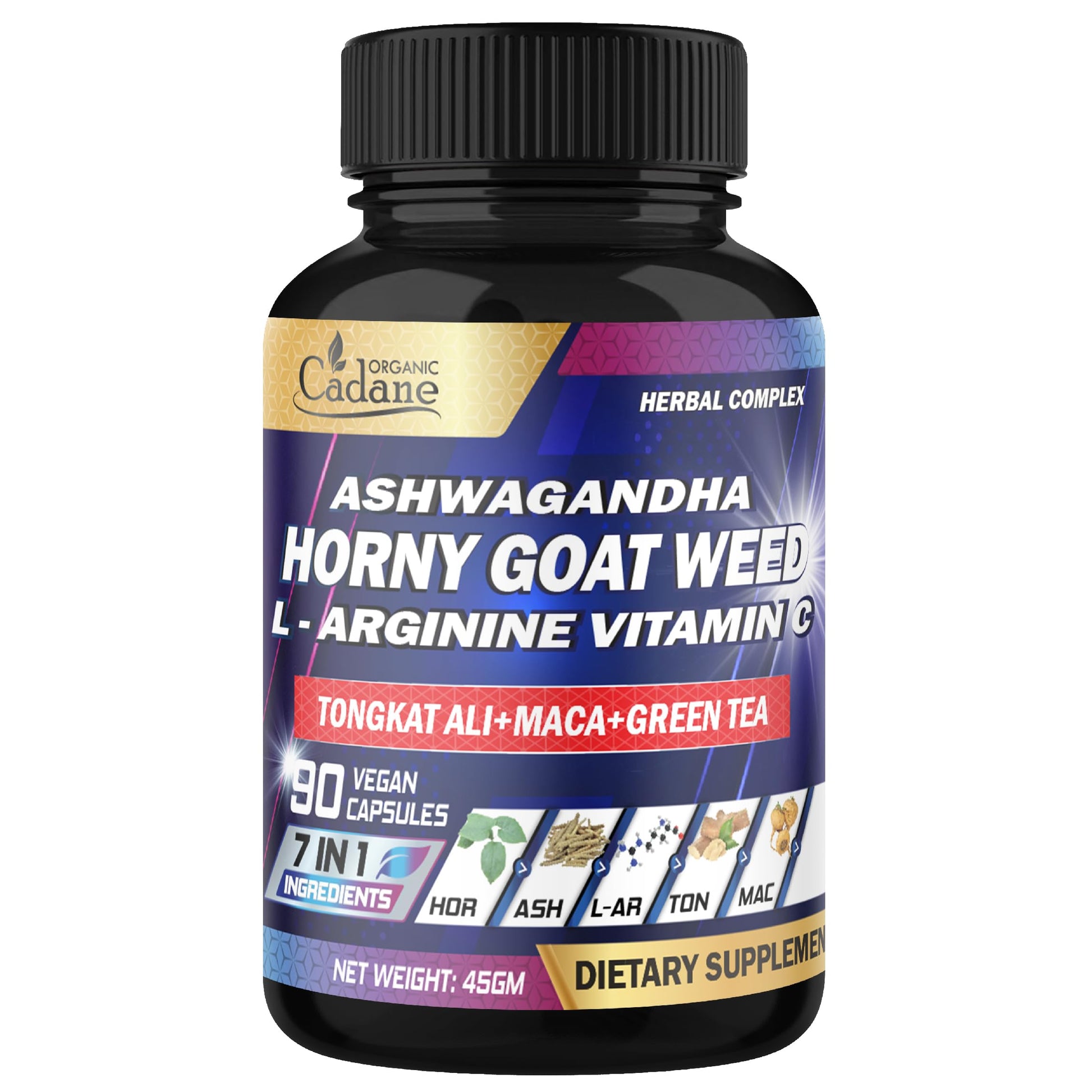 Organic Cadane Horny Goat Weed Supplement - 7in1 Blended with VIT C, Ashwagandha Root, L-Arginine & More, 90 Capsules