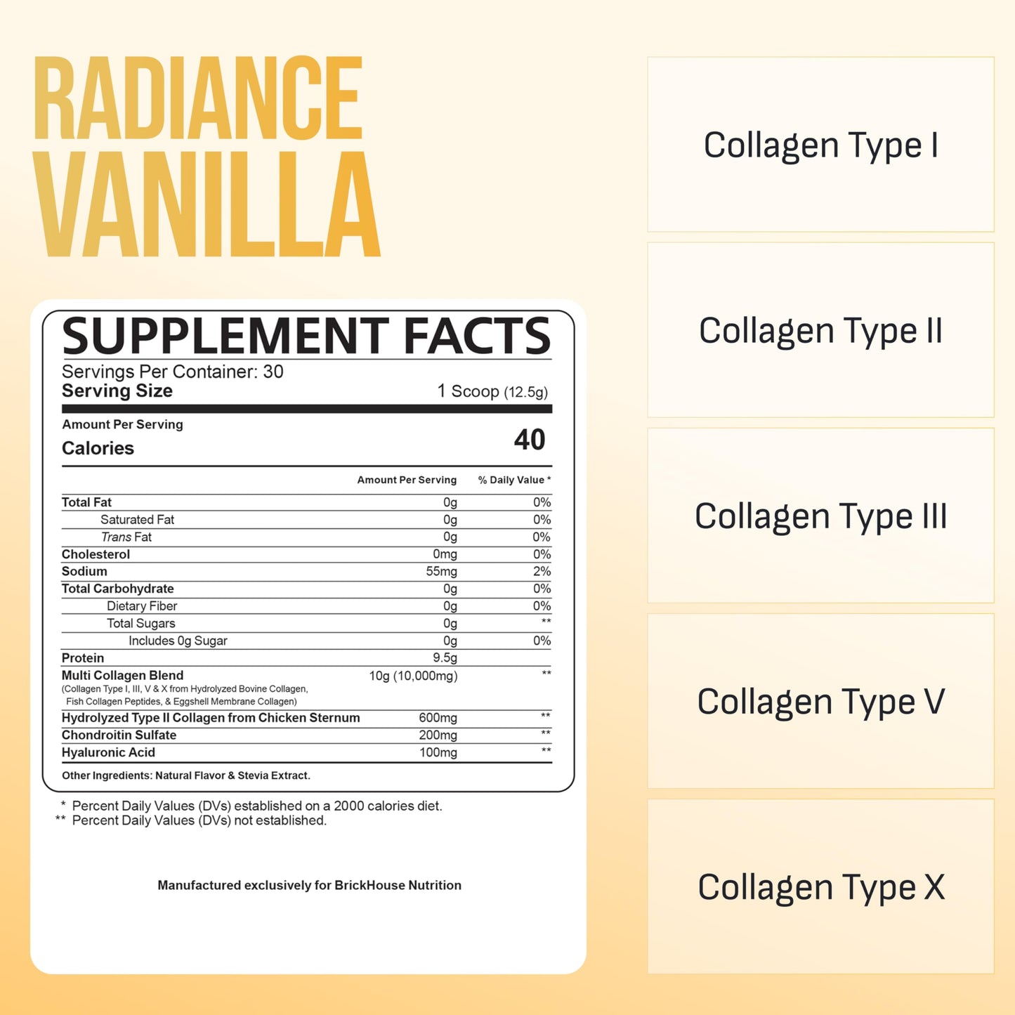 BrickHouse Nutrition Radiance Collagen Peptides Powder with Hyaluronic Acid Vanilla, 13 oz
