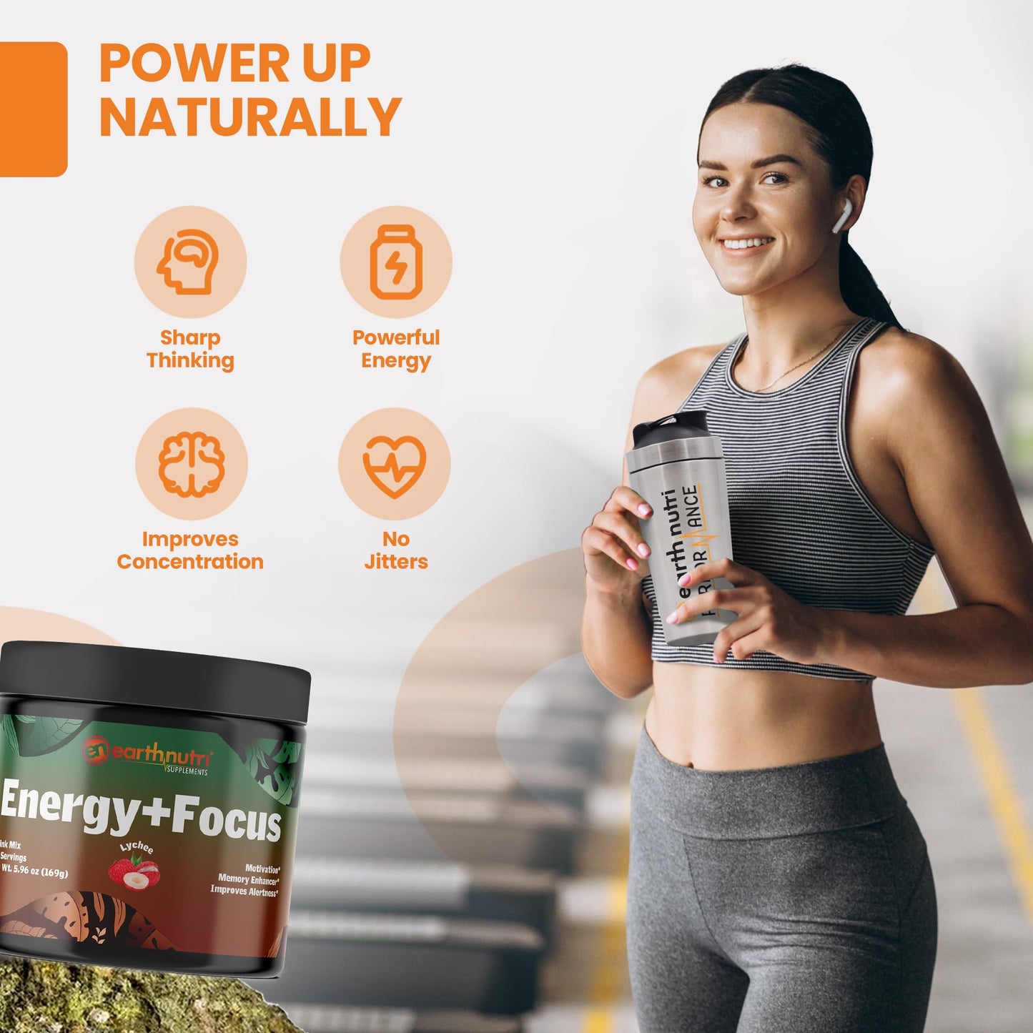 EarthNutri Energy + Focus Powder Supplement – Energy Boost & Memory Supplements with PeakO2, AlphaSize, Cognizin, PurCaf, Theacrine, Acetyl L-Carnitine L-Tyrosine, Lychee Flavor – 6.03 Ounce