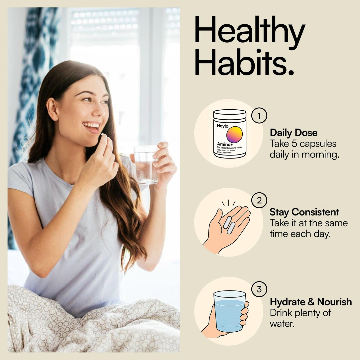 Heylo Health Amino+ Acid Supplement Blend - Essential Amino Acids with BCAAs for Muscle Recovery, Energy, and Protein Synthesis, 150 Tablets