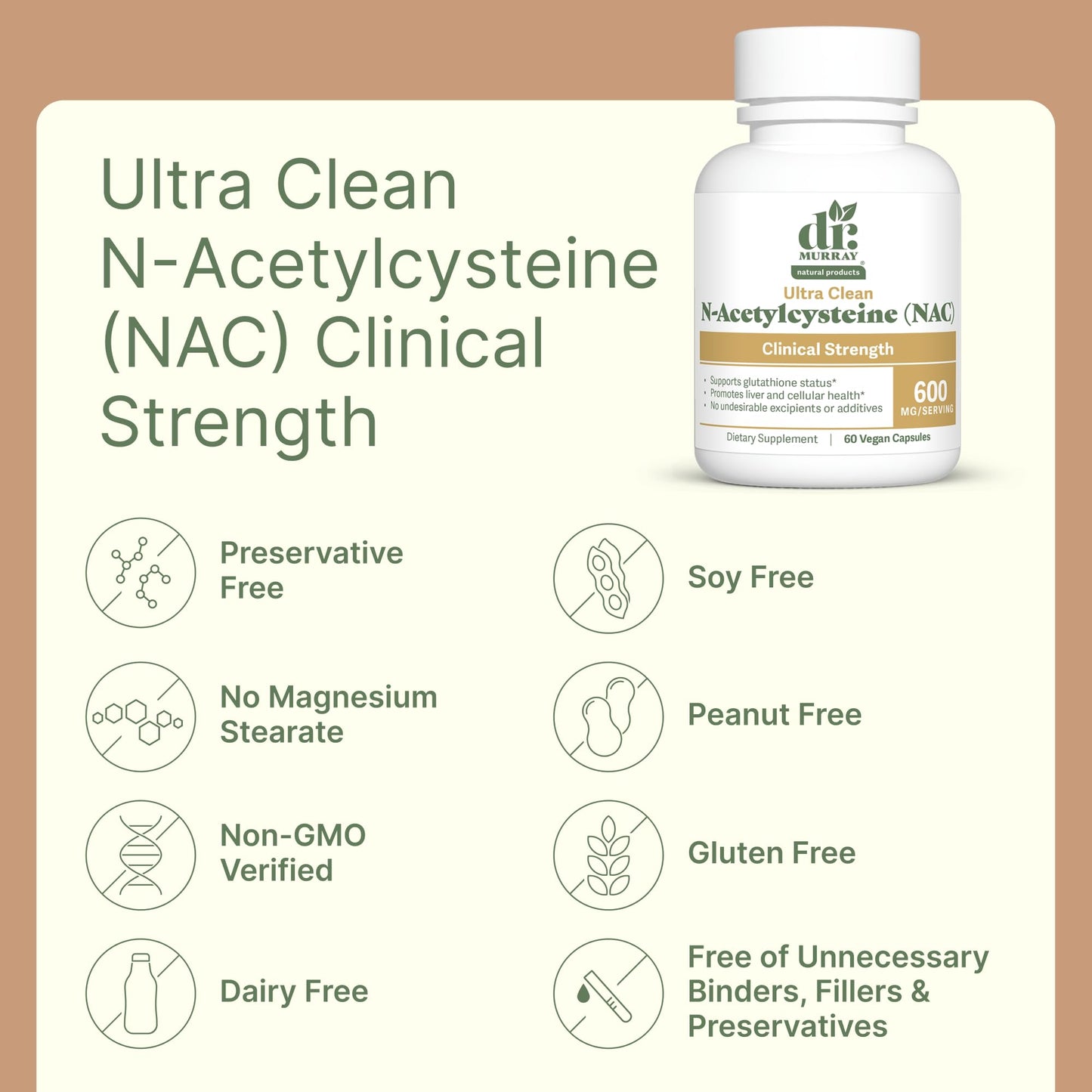 Dr. Murray Natural Products Ultra Clean N-Acetylcysteine NAC Supplement 600 mg - Respiratory & Liver Support, 60 Capsules