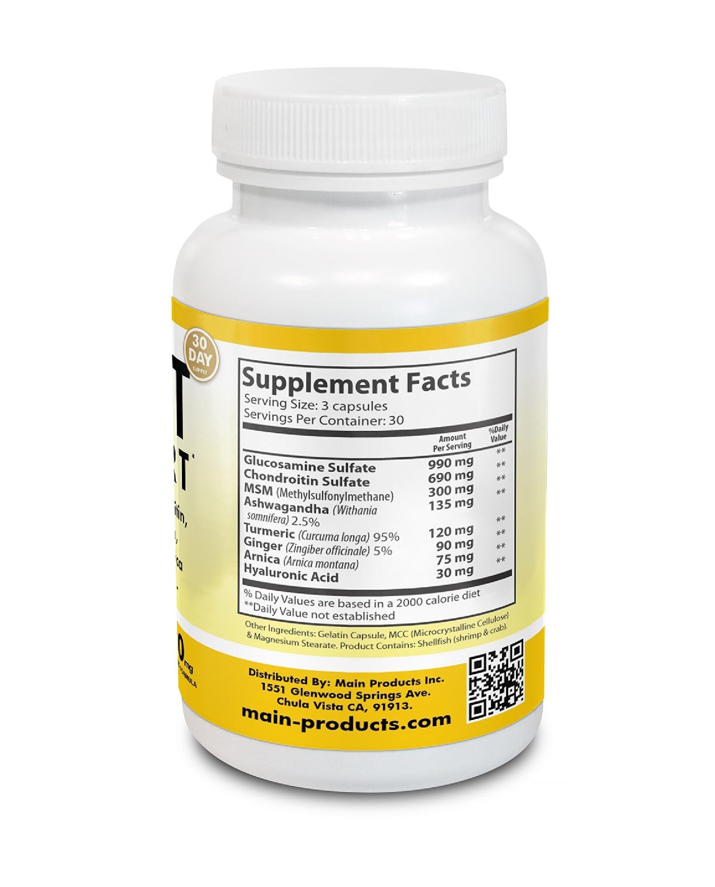 Main Products Glucosamine Chondroitin MSM Hyaluronic Acid Ashwagandha Turmeric Ginger Arnica Joint Support Supplement, Micronized, 2430mg, 180 Capsules