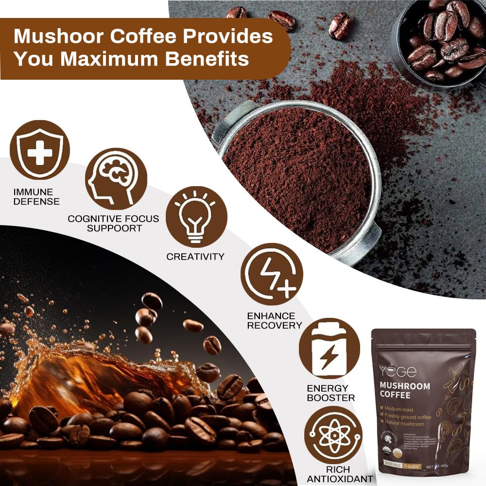 YEGE Mushroom Coffee Powder 6.35 oz with Cordyceps, Reishi, King Trumpet, Shiitake, Turkey Tail & Lions Mane