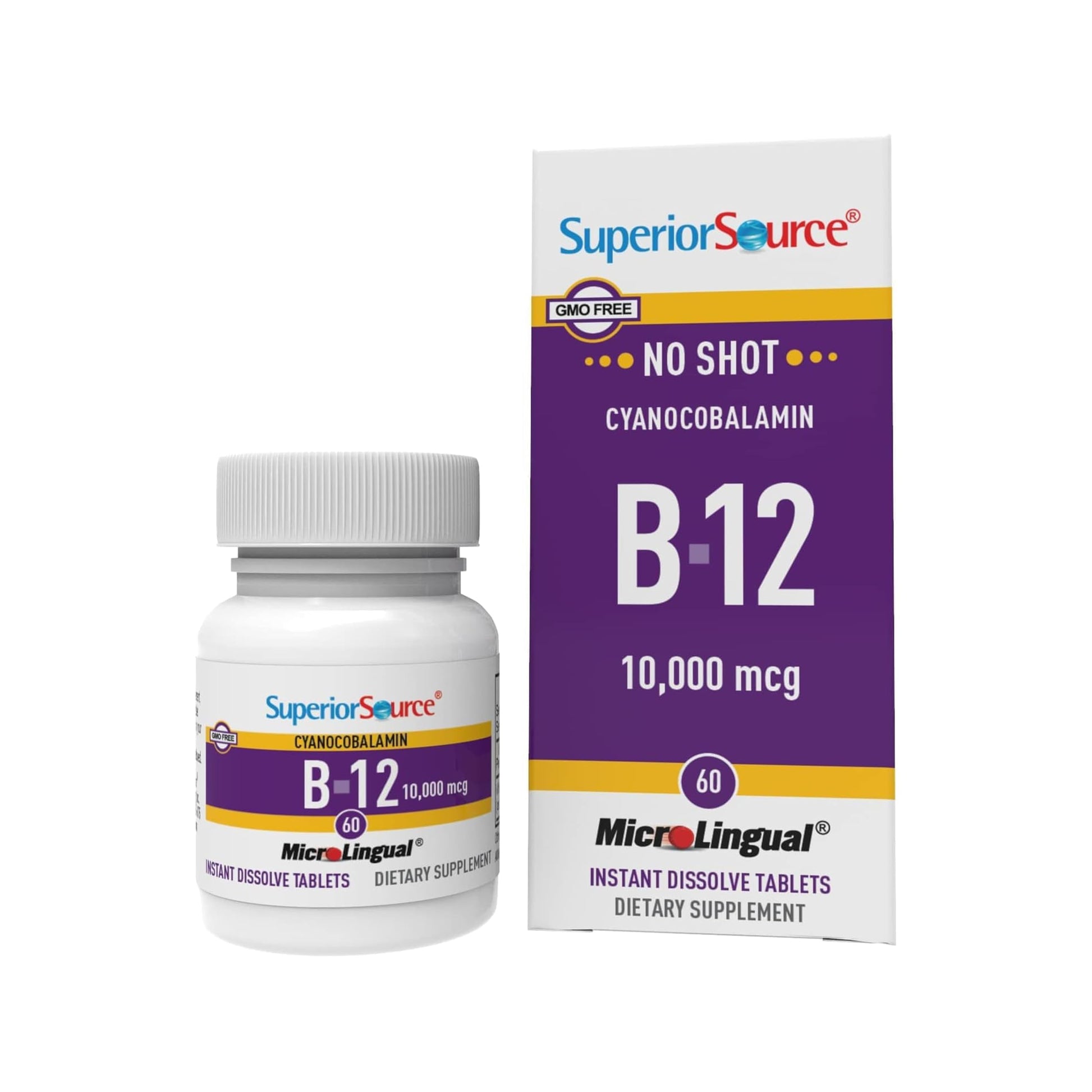 Superior Source No Shot Vitamin B-12 Cyanocobalamin 10000 mcg Tablets, 60 Dissolvable Tablets
