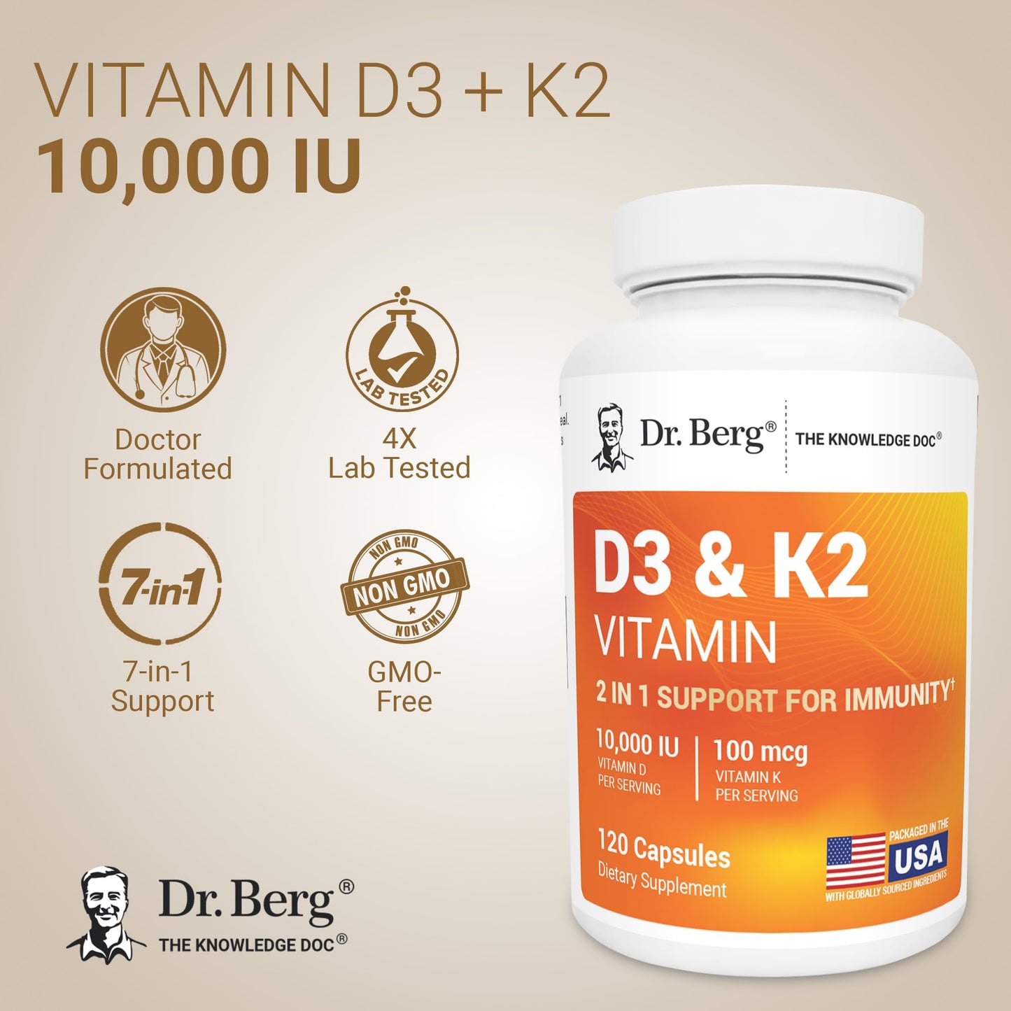 Dr. Berg Nutritionals Maximum Strength 2-in-1 Vitamin D3 K2 10,000 IU Capsules, 120 Count