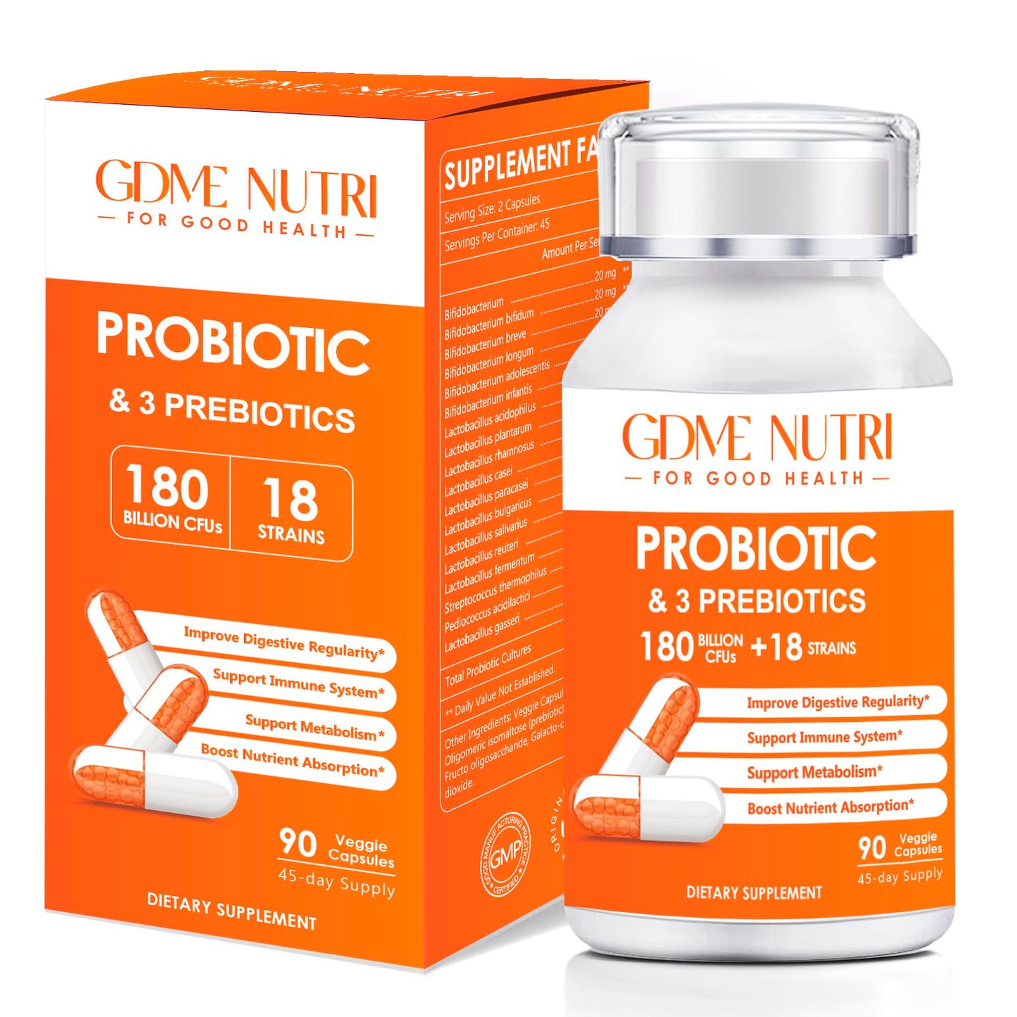GDMENUTRI Probiotic Capsules, 180 Billion CFU, 18 Strains, 90 Count