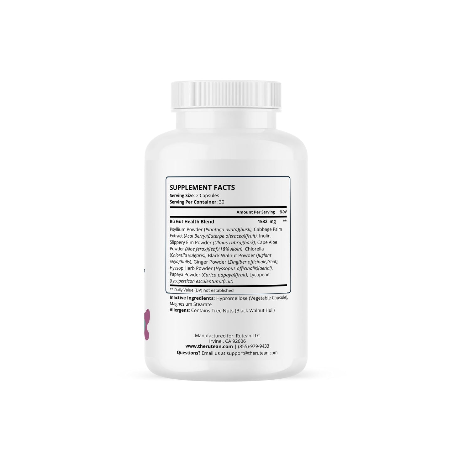 Rütean Gut Keeper Psyllium Husk, Slippery Elm Bark, Ginger Root, Inulin Capsule 60