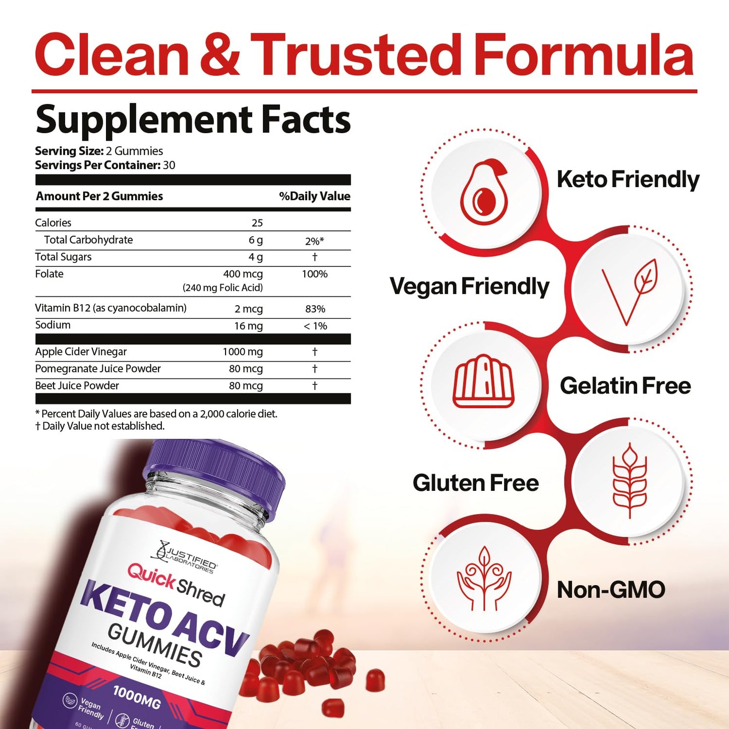 Justified Laboratories Quick Shred Keto ACV Advanced Formula 1000mg Apple Cider Vinegar with Pomegranate Beet Juice Powder & B12, Vegan, Non-GMO, 60 Gummies